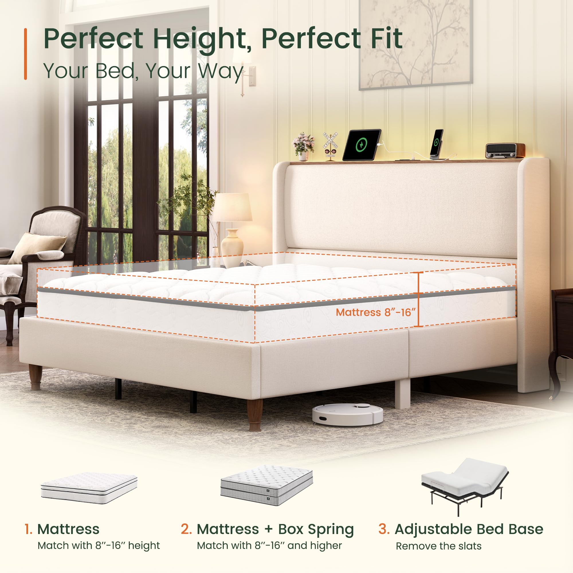 King Size Bed Frame with LED Lights and Charging Station Linen Upholstered  with 51.2" Tall Wingback Headboard and Storage Shelf, , , Beige