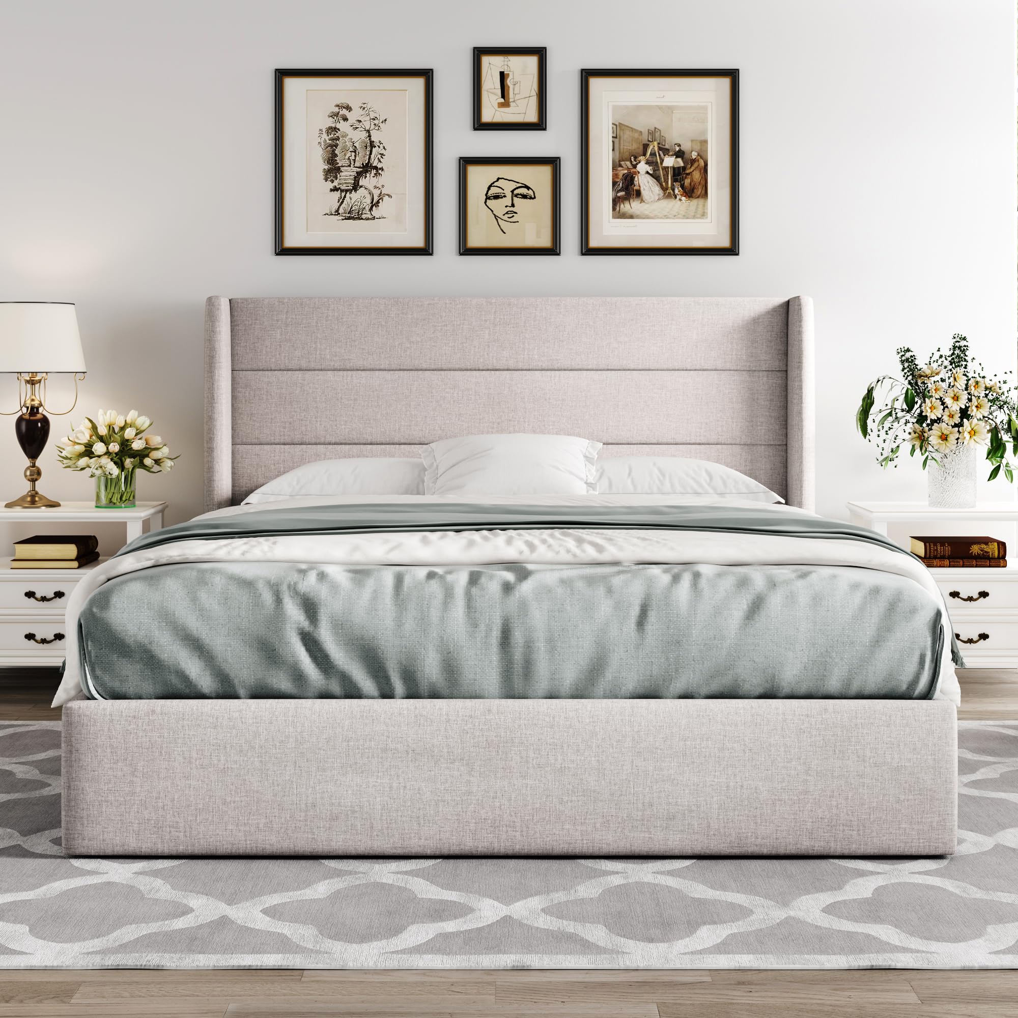 Queen Size Lift Up Storage Bed, Modern Wingback Headboard, Hydraulic Support, No Box Spring Needed, Light Beige
