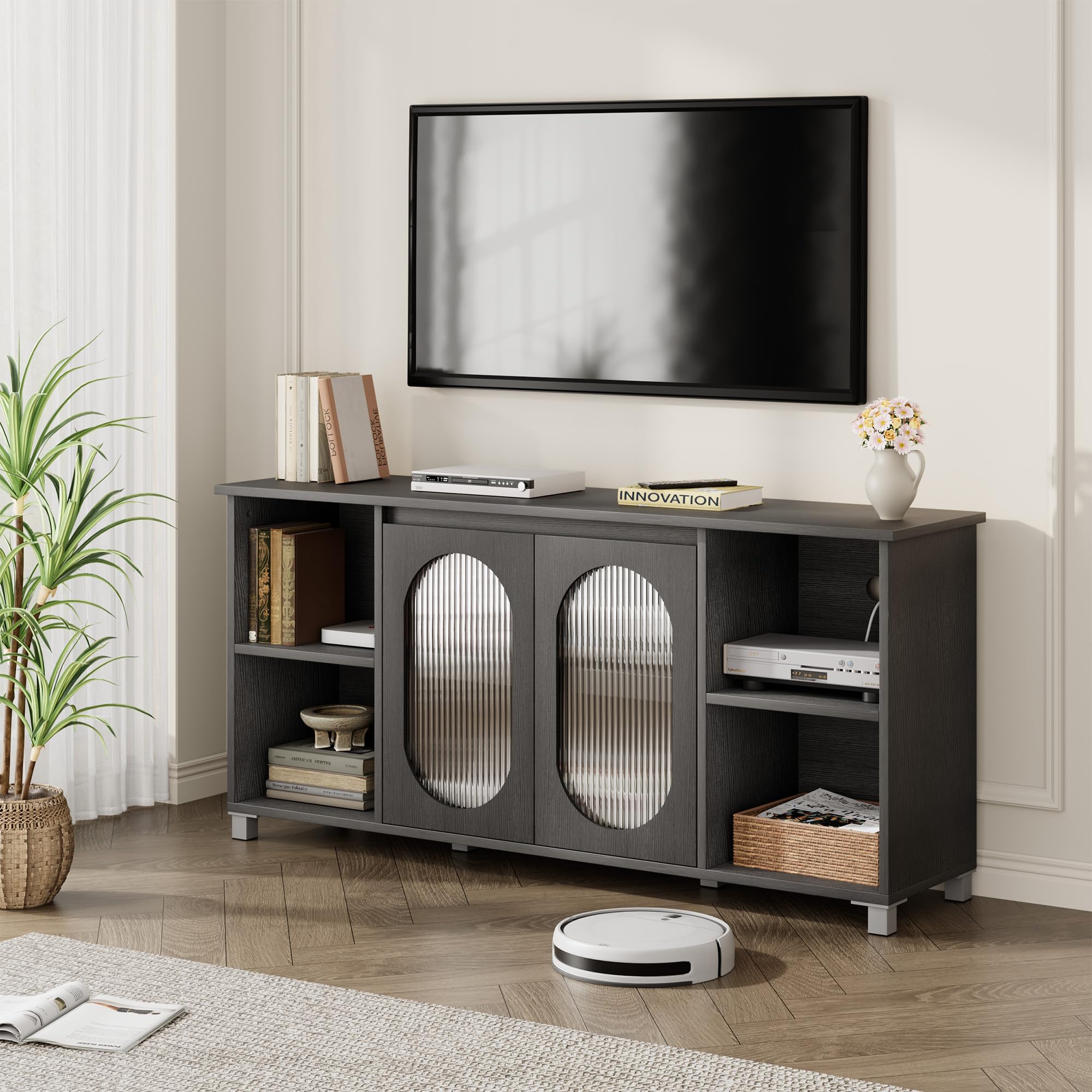 70-Inch TV Stand, Rustic Entertainment Center with Corrugated Glass Cabinet Doors, Media Console with Open Shelves for Living Room, Black