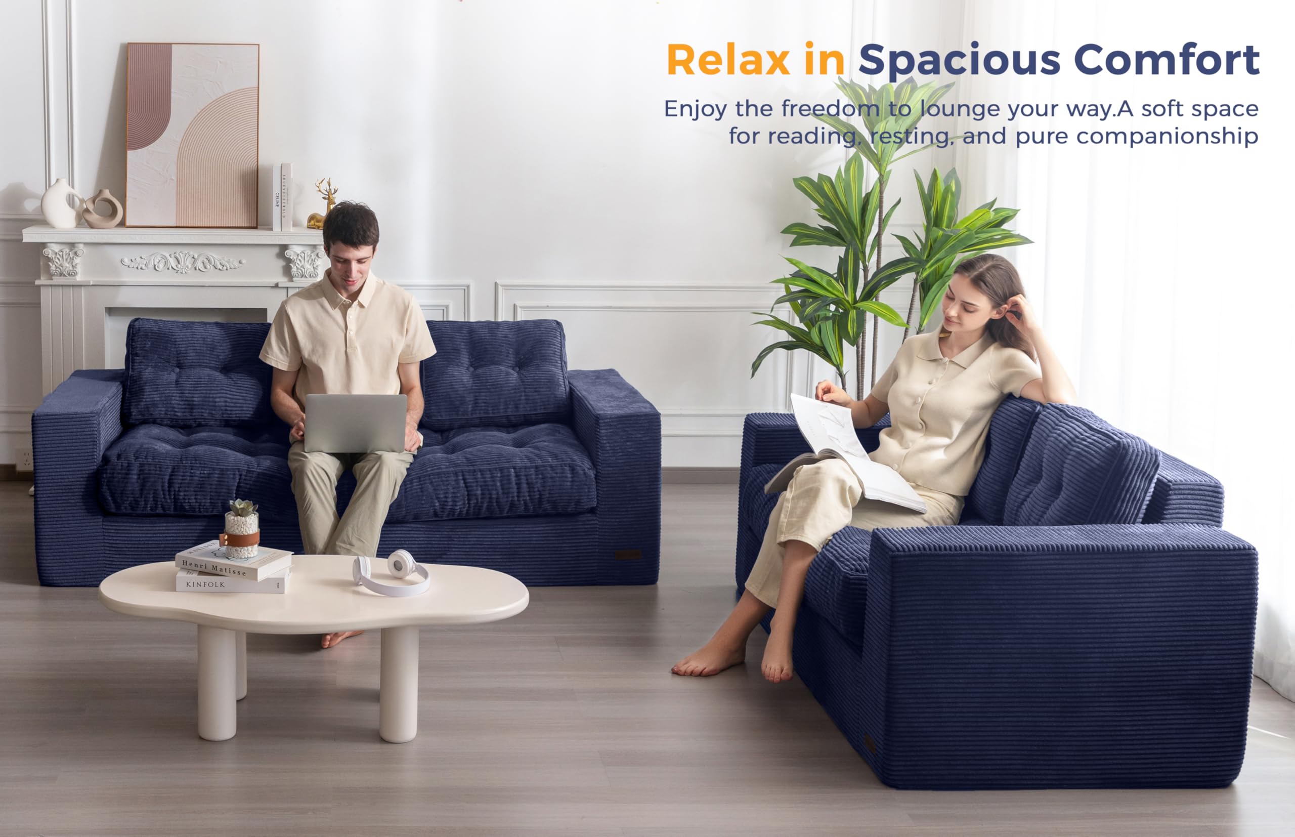 3 Seater Couch for Living Room, Boneless Couch with Tufted Cushion & Backrest, Upholstered Floor Sofa with Armrests, Sofa in A Box, No Assembly Required, Navy