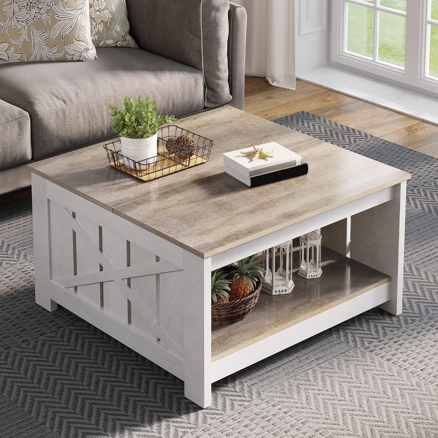 Farmhouse Coffee Table with Storage – Rustic Grey Wood Square Cocktail Table for Living Room, Half Open Compartment Design