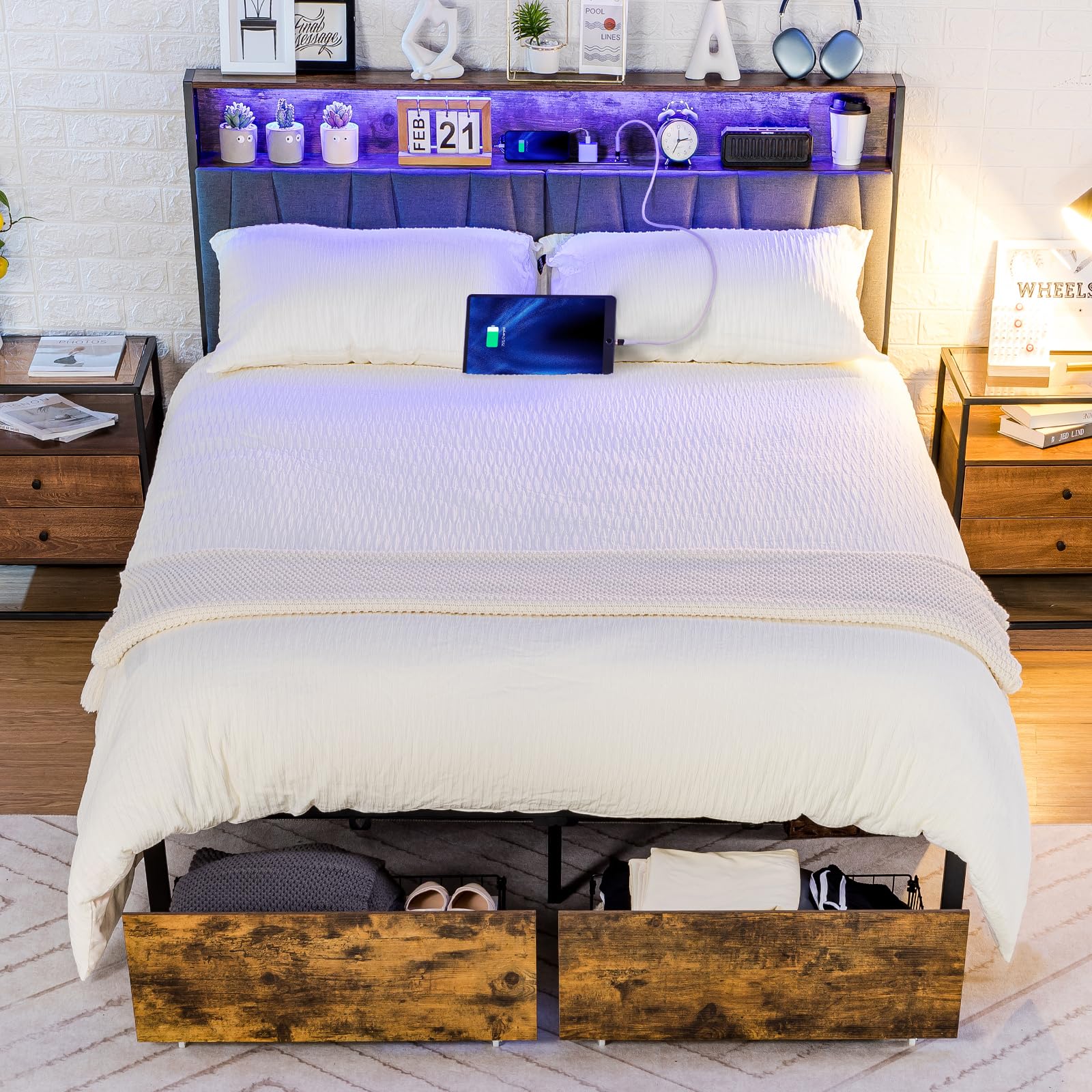 Platform Bed Frame with LED Lights and Charging Station, Storage Headboard and Footboard Drawers, , Rustic Wood Look (Queen)