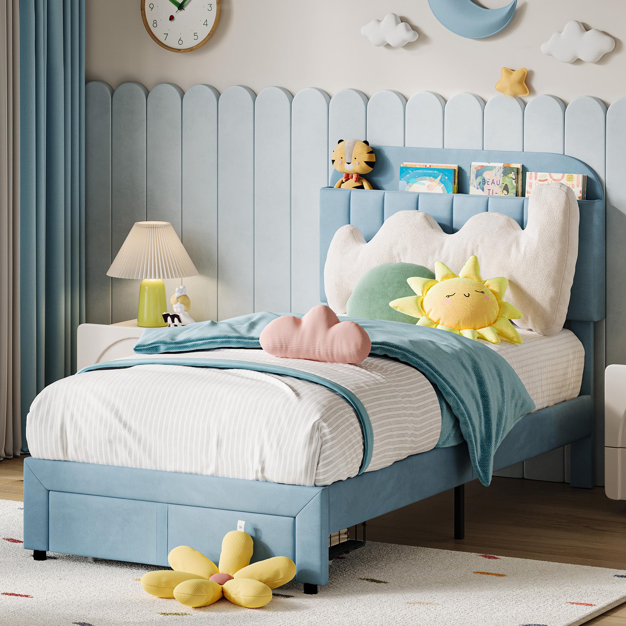 Set of 2 Twin Kids Beds – Blue Upholstered Platform Frames with Storage Drawers & Bookcase Headboards, No Box Spring Needed