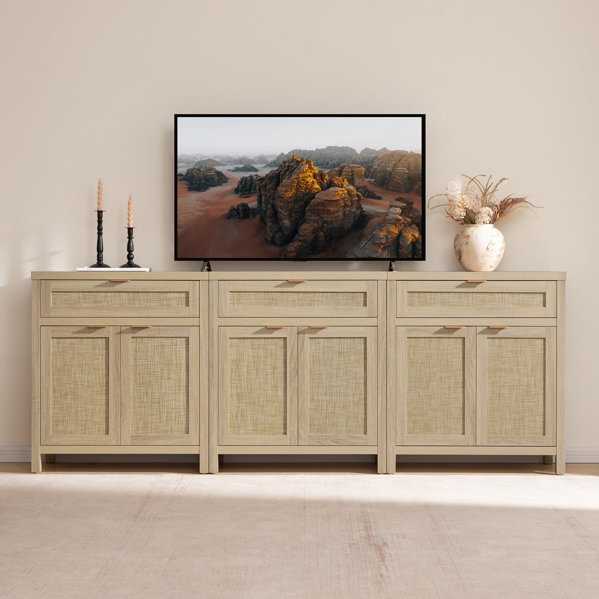 Sideboard Buffet Storage Cabinet Set of 2, Rattan Credenza Buffet Table, Boho Console Accent Cabinet with Doors and Drawer, Coffee Bar