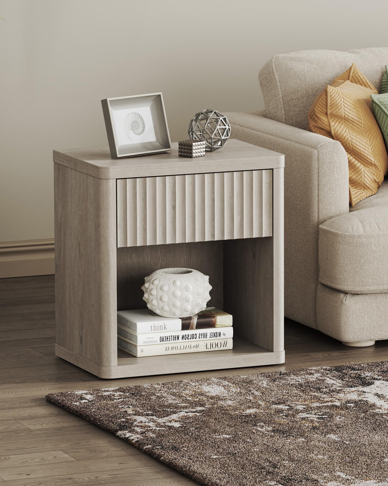 Set of 2 Modern Nightstands with Drawer Storage, Fluted Bedside Tables, Wide Mid-Century End Tables for Bedroom, Living Room, White Alder