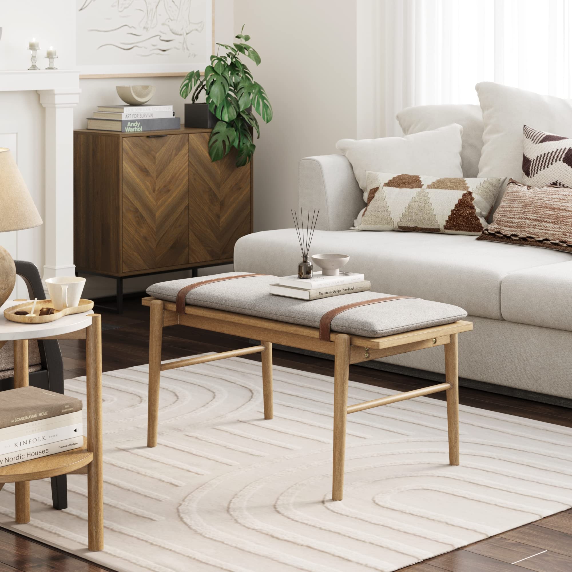 Gugan Mid-Century Wooden Bench Seat, End of Bed Bench with Removable Fabric Cushion for Indoor Dining Room, Bedroom and Entryway, Light Brown/Ivory