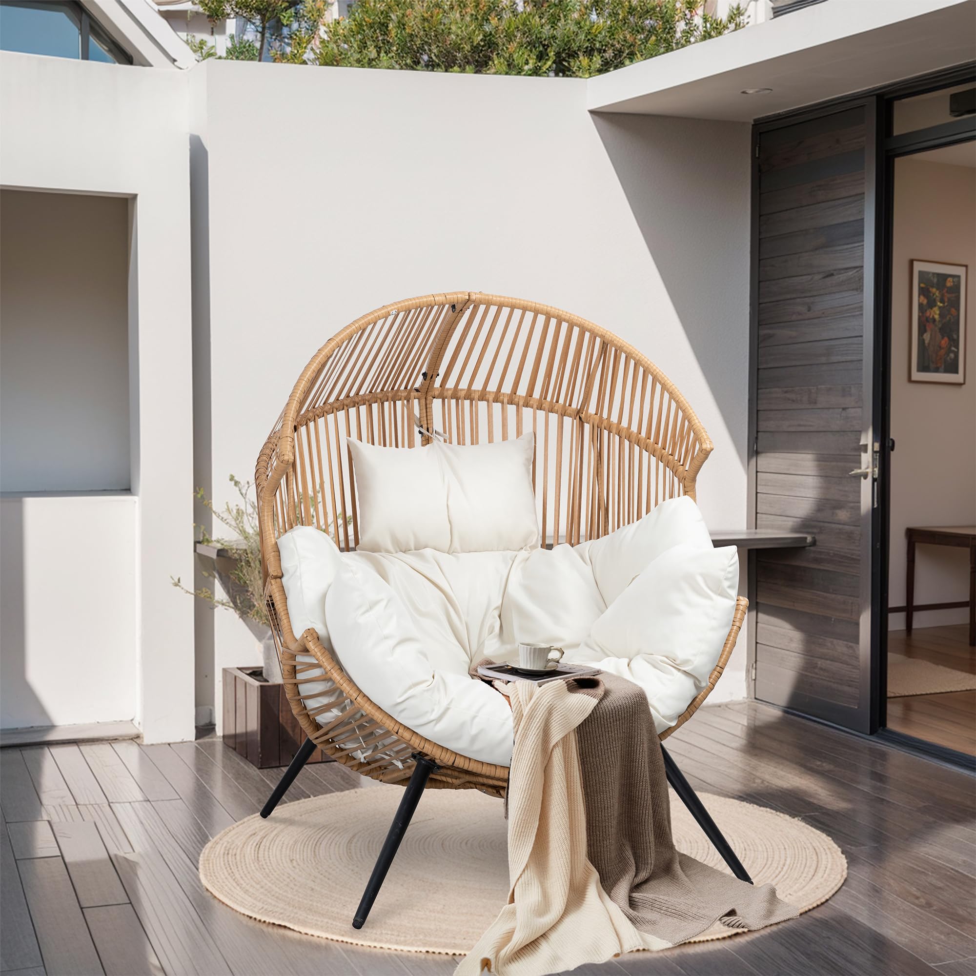 Egg Chair Wicker Outdoor Chairs, Oversized Patio Lounger with Cushion for Indoor Living Room, Bedroom, Backyard, Balcony, Beige