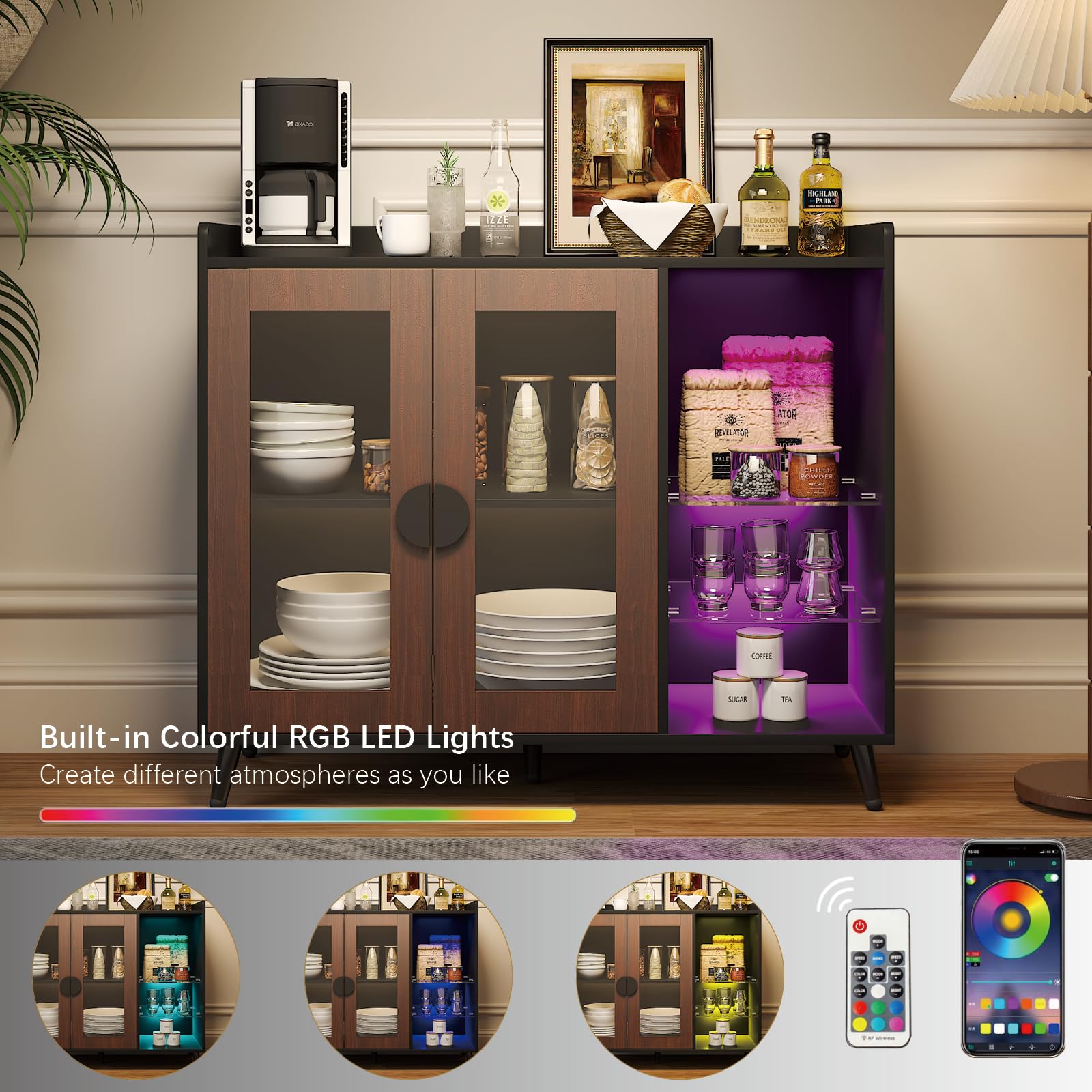Sideboard Buffet Cabinet with Storage, Modern LED Coffee Bar Buffet Table with Acrylic Doors & Glass Storage Shelves, Sideboard for Kitchen,