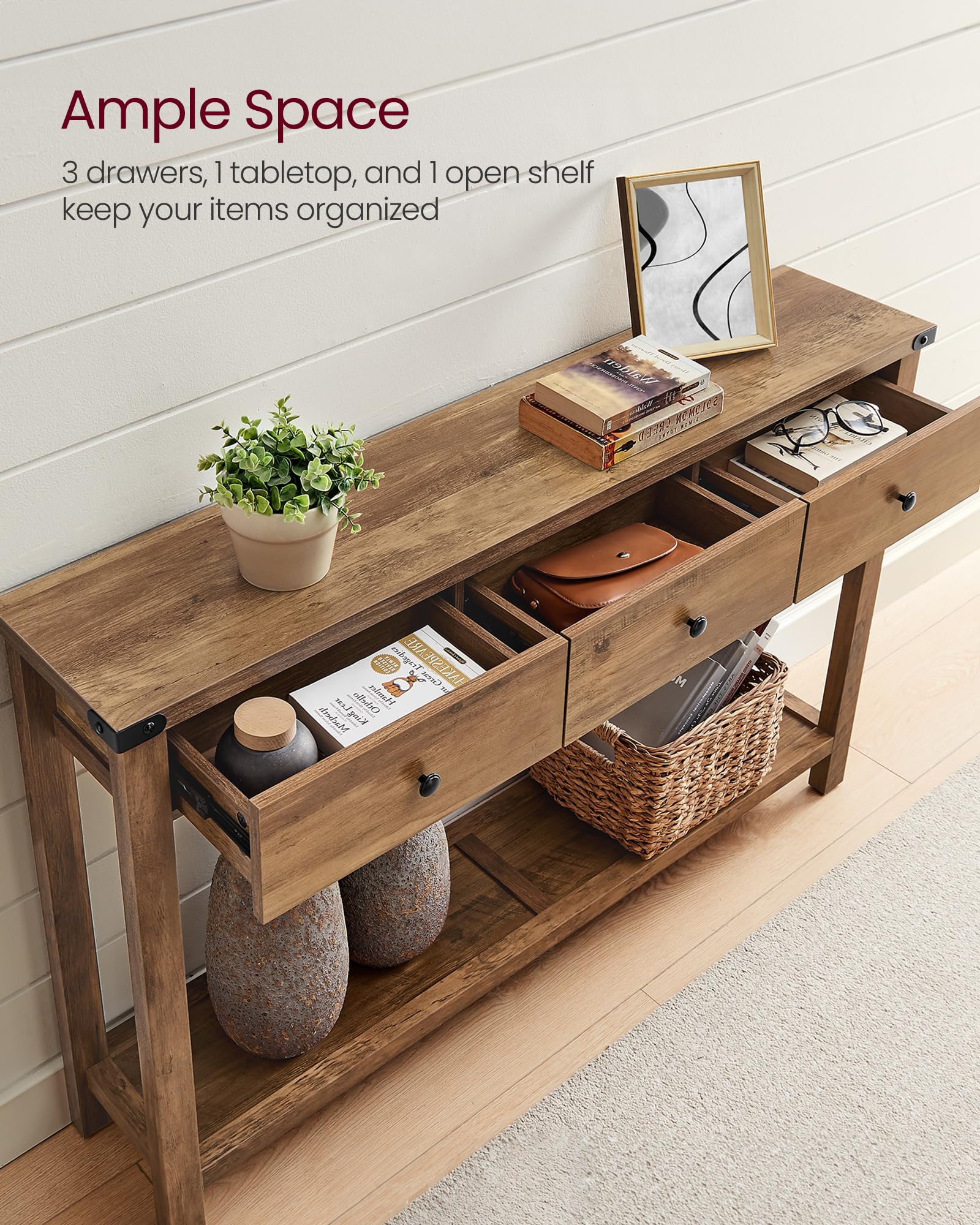 Console Sofa Table, Narrow Entryway Table with 3 Drawers, Open Storage Shelf, Metal Corners, for Living Room, Farmhouse Style, Honey Brown ULNT142K41