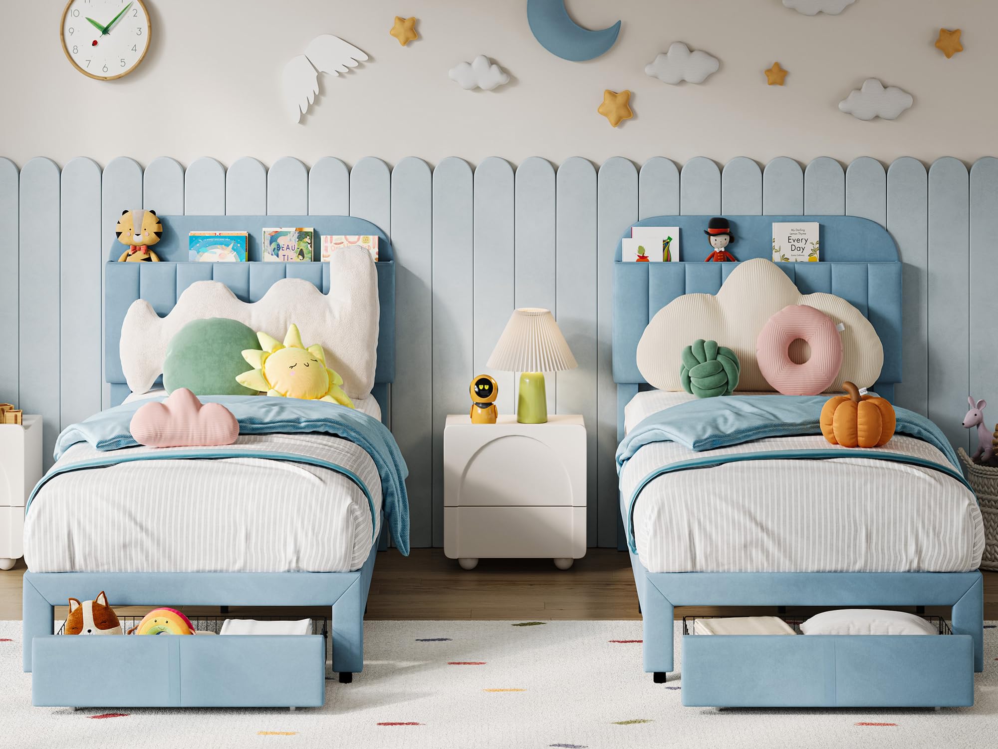 Set of 2 Twin Kids Beds – Blue Upholstered Platform Frames with Storage Drawers & Bookcase Headboards, No Box Spring Needed