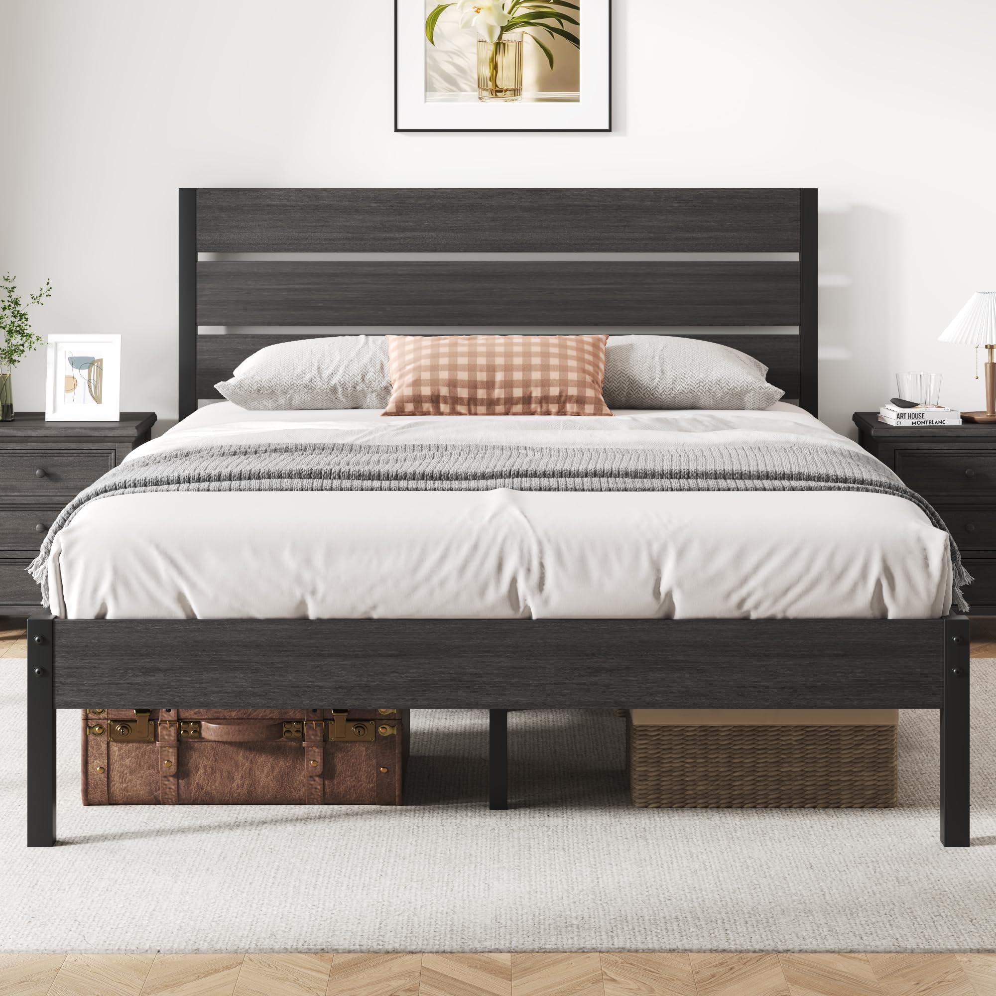 Queen Bed Frame with Headboard and Footboard, Metal Platform Bed Frame with Under Bed Storage, All-Metal Support System, , ,Rustic Grey