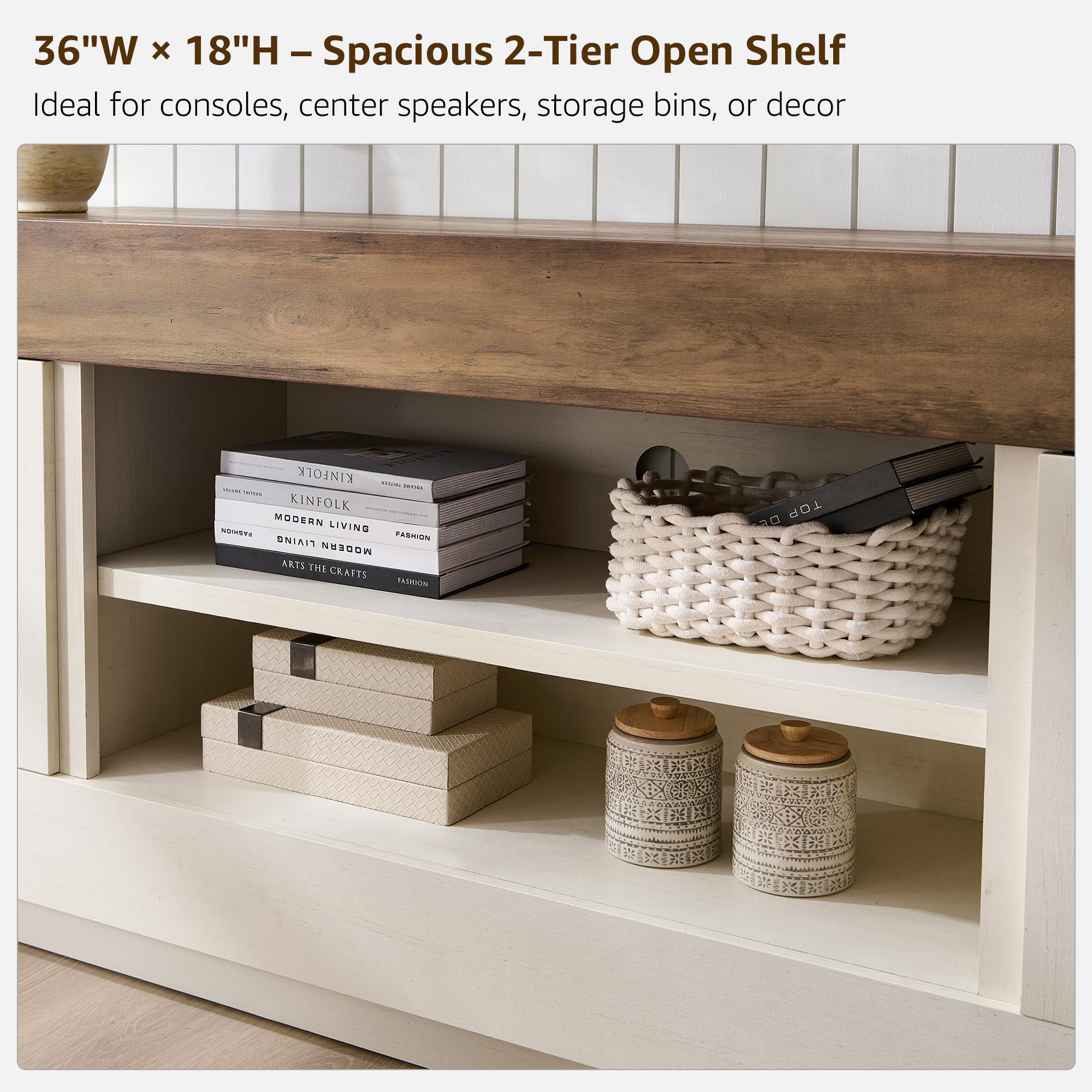 Modern 70" TV Stand, Entertainment Center for TVs up to 80", Media Console with Open Storage & Side Cabinets, Thick Wood Design, Antique White