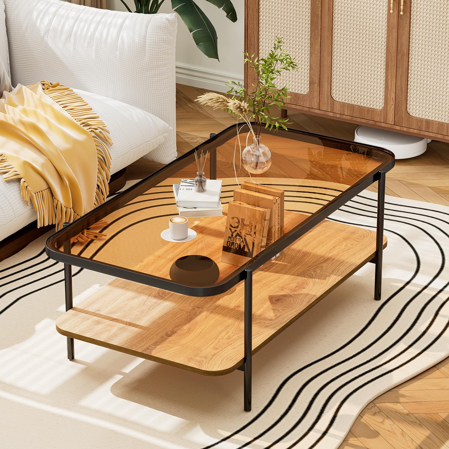 Modern Brown Glass Coffee Table, 2-Tier Rectangular Center Table with Metal Legs & Wood Storage, Rounded Corners for Living Room or Office