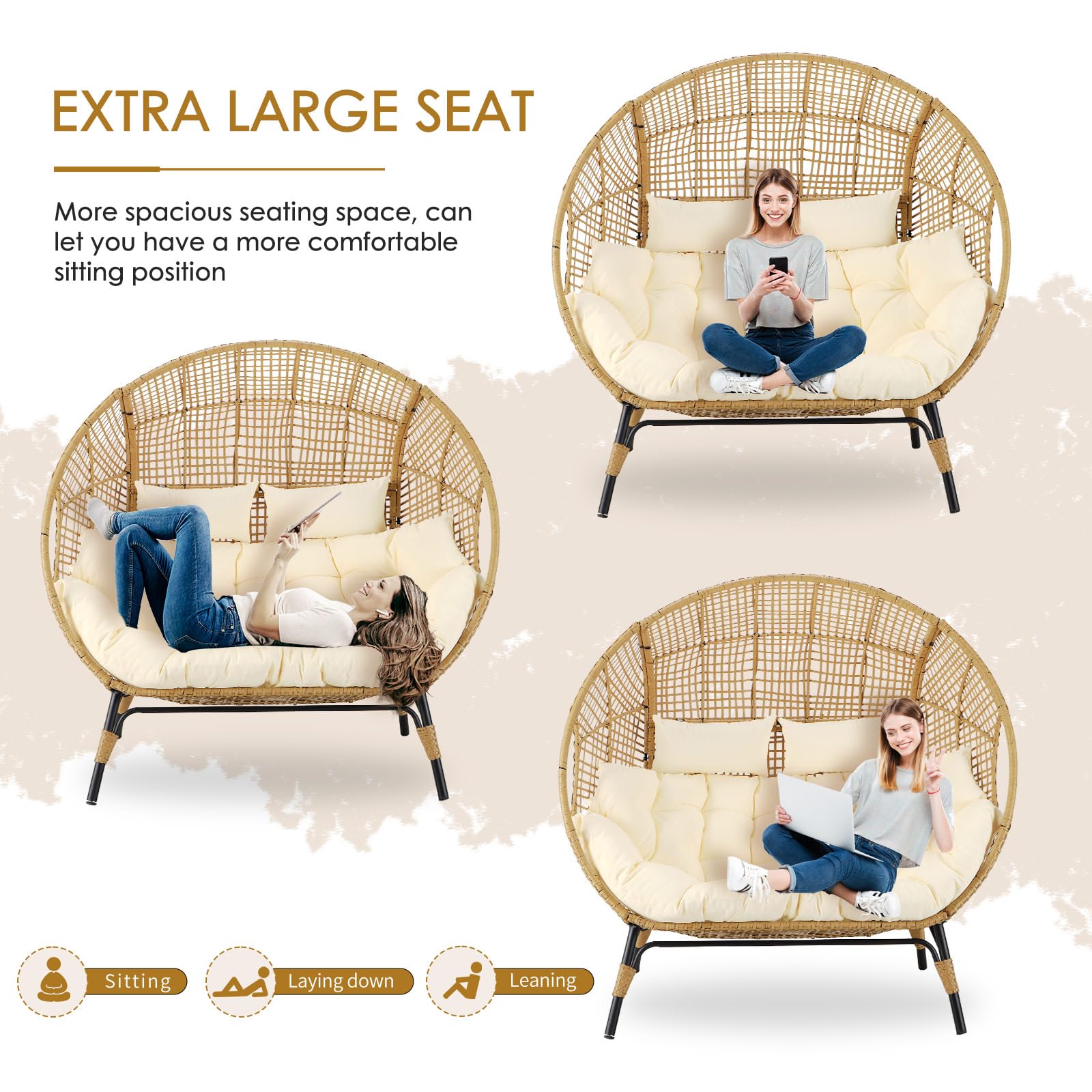 Double Egg Chair for Indoor/Outdoor, 2-Person Oversized Loveseat with Thick Cushions & Cover, 680 lbs Patio Lounge Chair, Beige