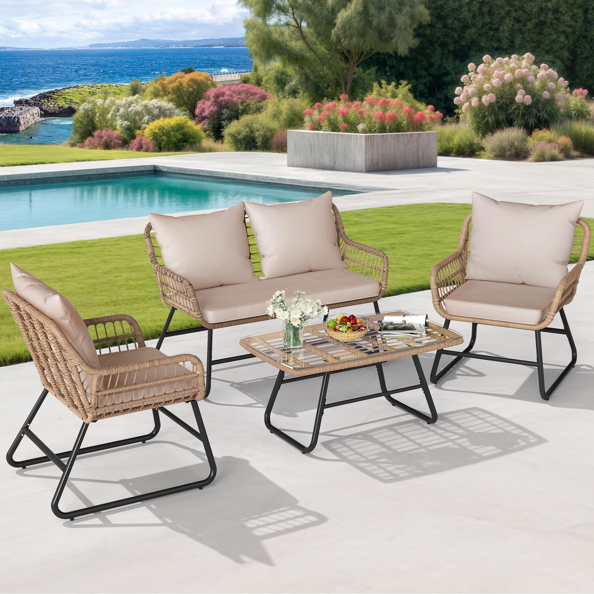 Outdoor Patio Conversation Set 4 Pieces, Wicker Furniture with Cushions & Coffee Table, Rattan Bistro Chairs with Side Table, Beige