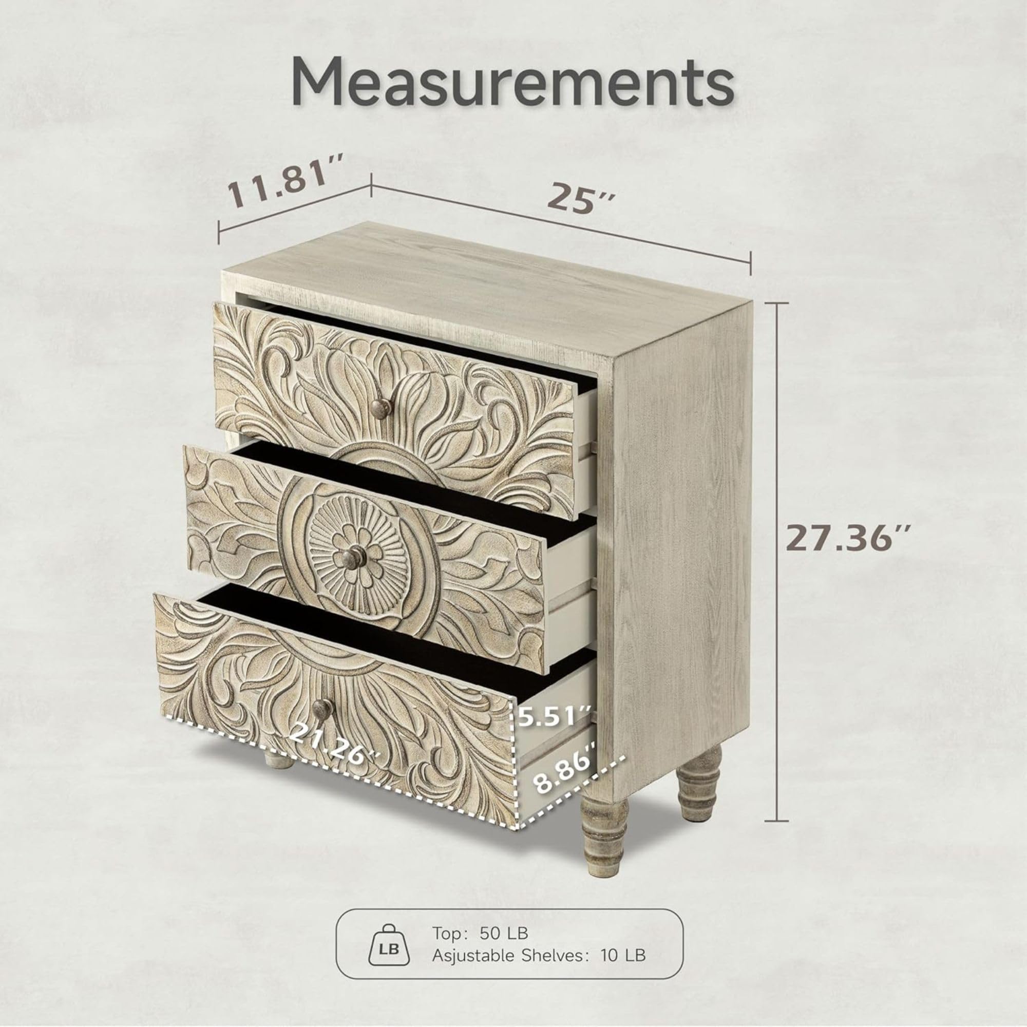 3 Drawer Dresser with Embossed Flower Motif Front, Distressed Boho Nightstand, Almost Fully Assembled, Rustic, French Country, Weathered White