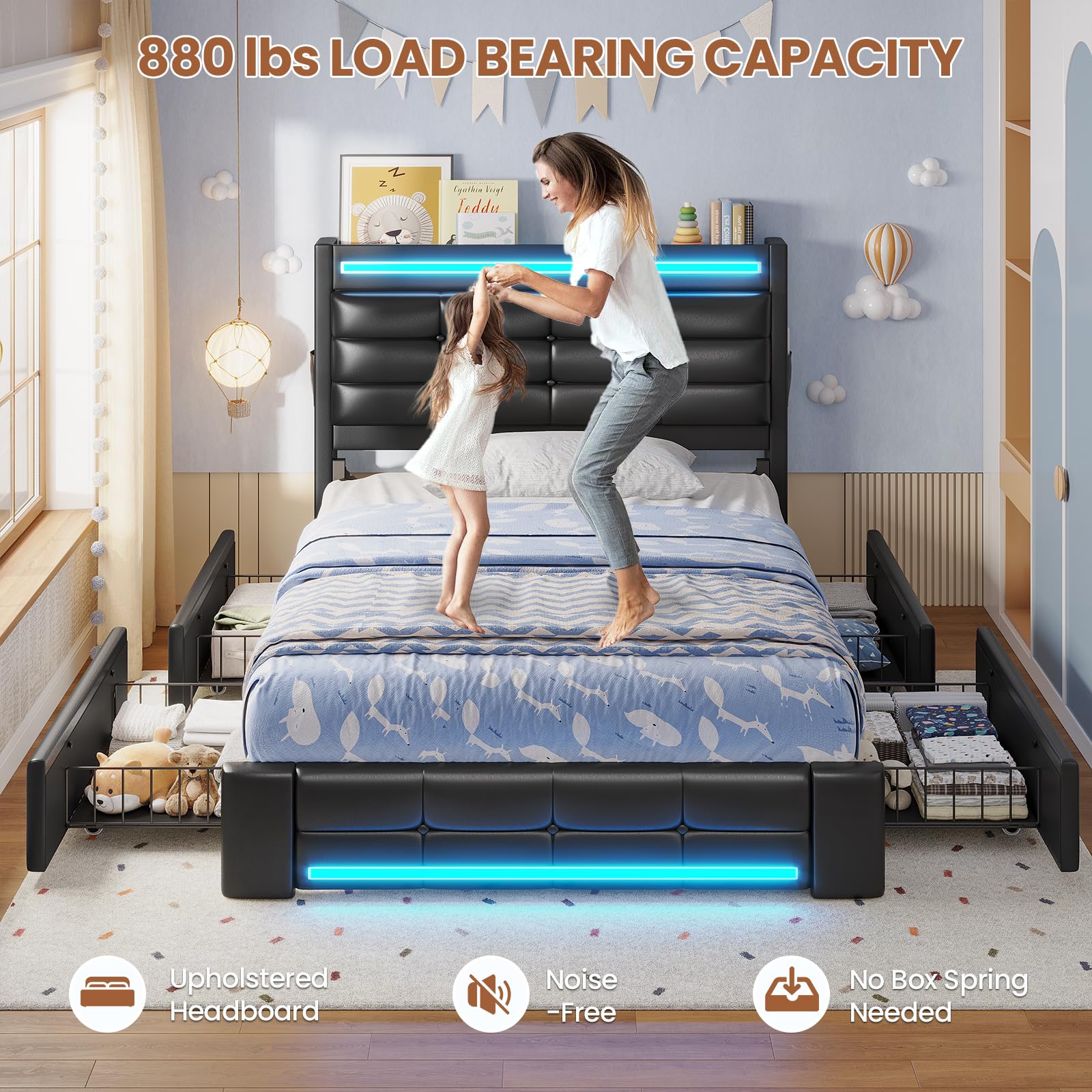 Twin Upholstered Bed Frame with LED Headboard, 4 Storage Drawers, Charging Station, PU Leather Platform Bed for Kids – Black