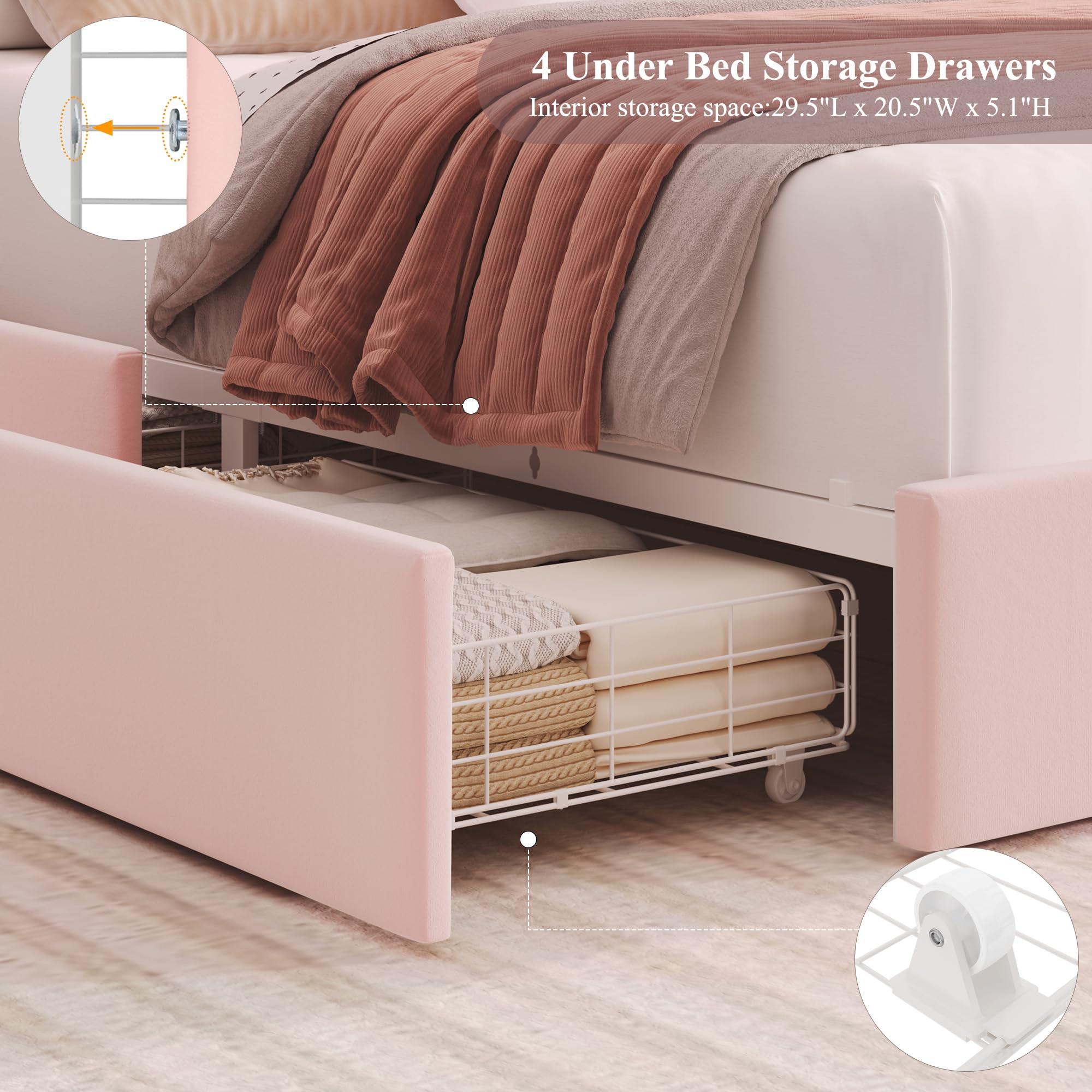 Full Size Velvet Upholstered LED Bed Frame with Storage Headboard, 4 Drawers, USB Charging Ports, No Box Spring Needed – Pink
