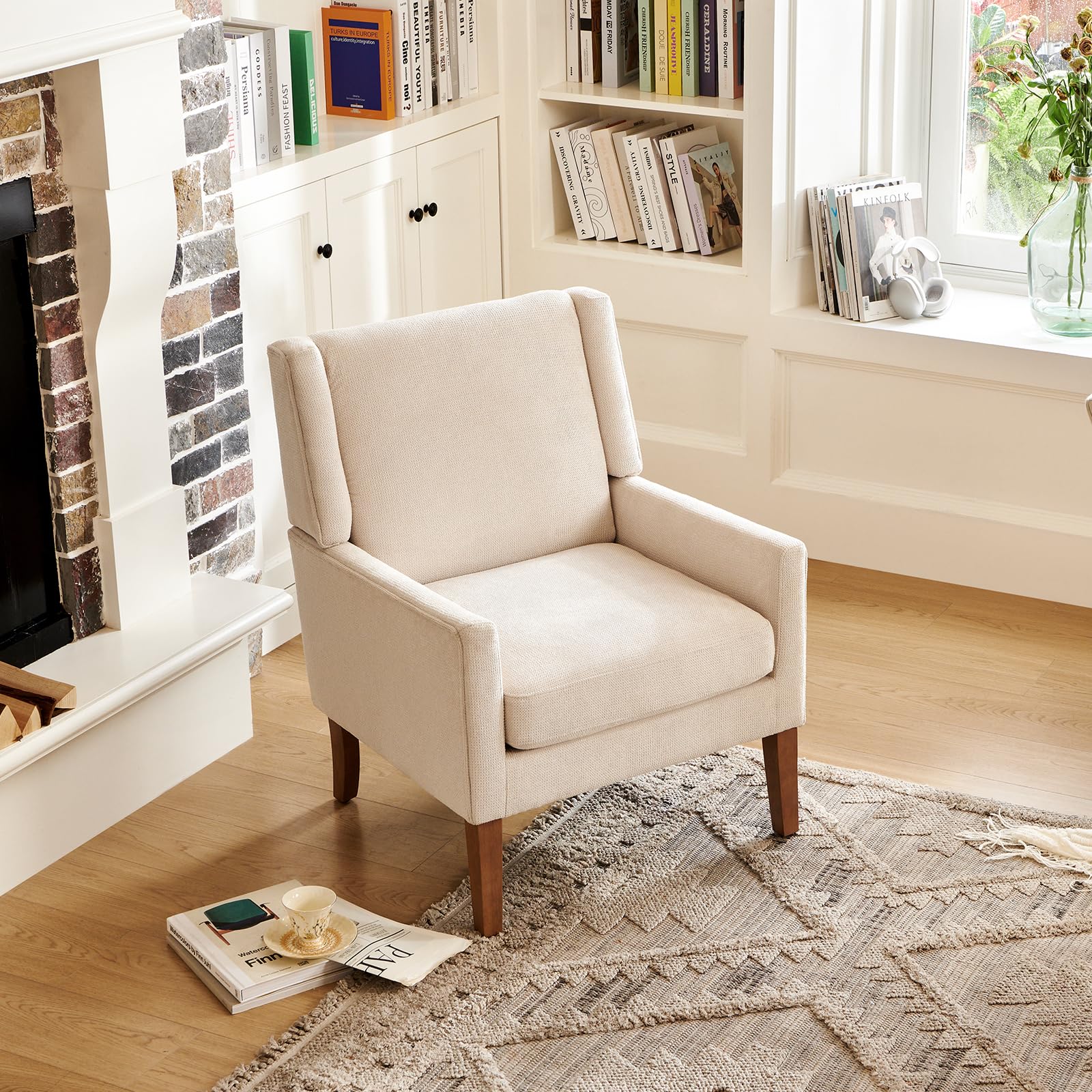 Modern Wingback Living Room Chair, Upholstered Fabric Accent Armchair, Single Sofa Chair with Lounge Seat and Wood Legs for Office/Bedroom/Reading Spaces, Beige