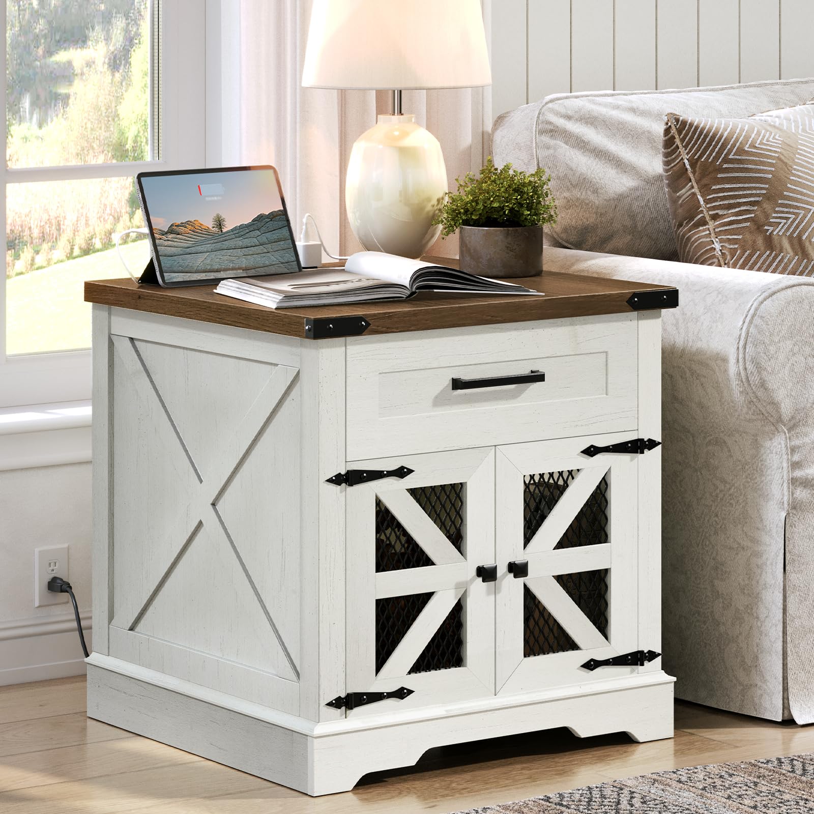 Set of 2 White Farmhouse End Tables, 24" Large Side Tables with Drawer & Charging Station, Square Wooden Nightstands, White & Walnut