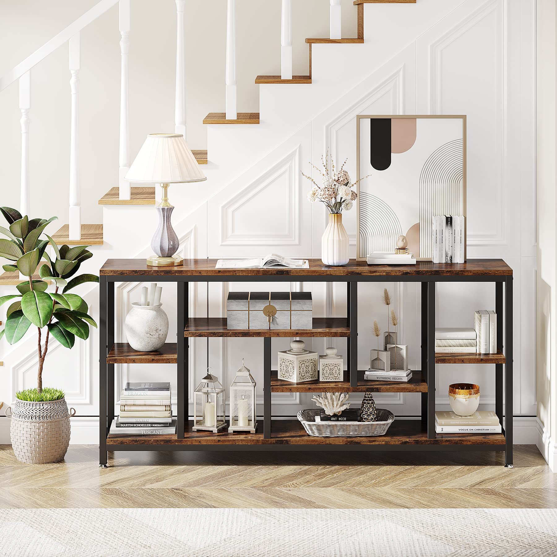 Console Sofa Table, 70.9 inch Extra Long Table Behind Couch with Storage Shelves, 3-Tier Industrial Narrow Entryway Hallway Accent Table for Living Room, Rustic Brown