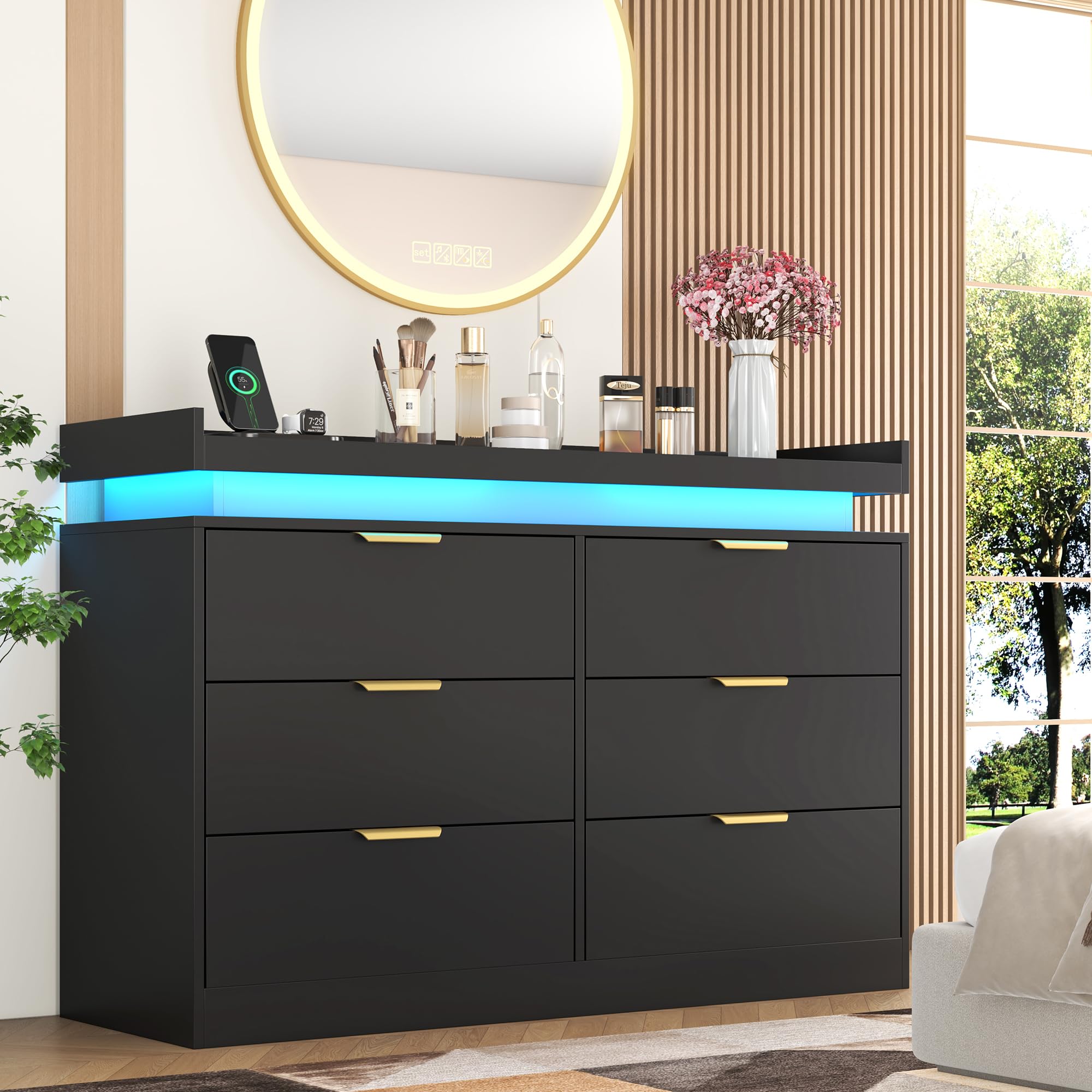 6-Drawer Black Dresser with LED Lights & Power Outlet, Modern Chest of Drawers for Bedroom, Closet, Living Room, Entryway, Hallway