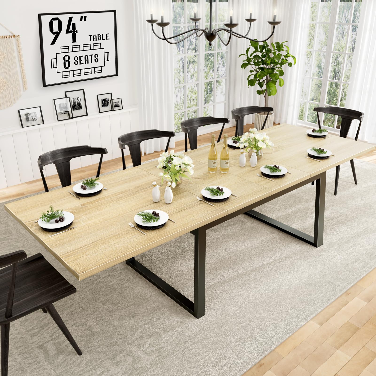 Large Dining Table for 8 - to 10 Person 94I n Long Expandable Dinning Kitchen Room Tables for 6 or 8-10 People Seater Extendable