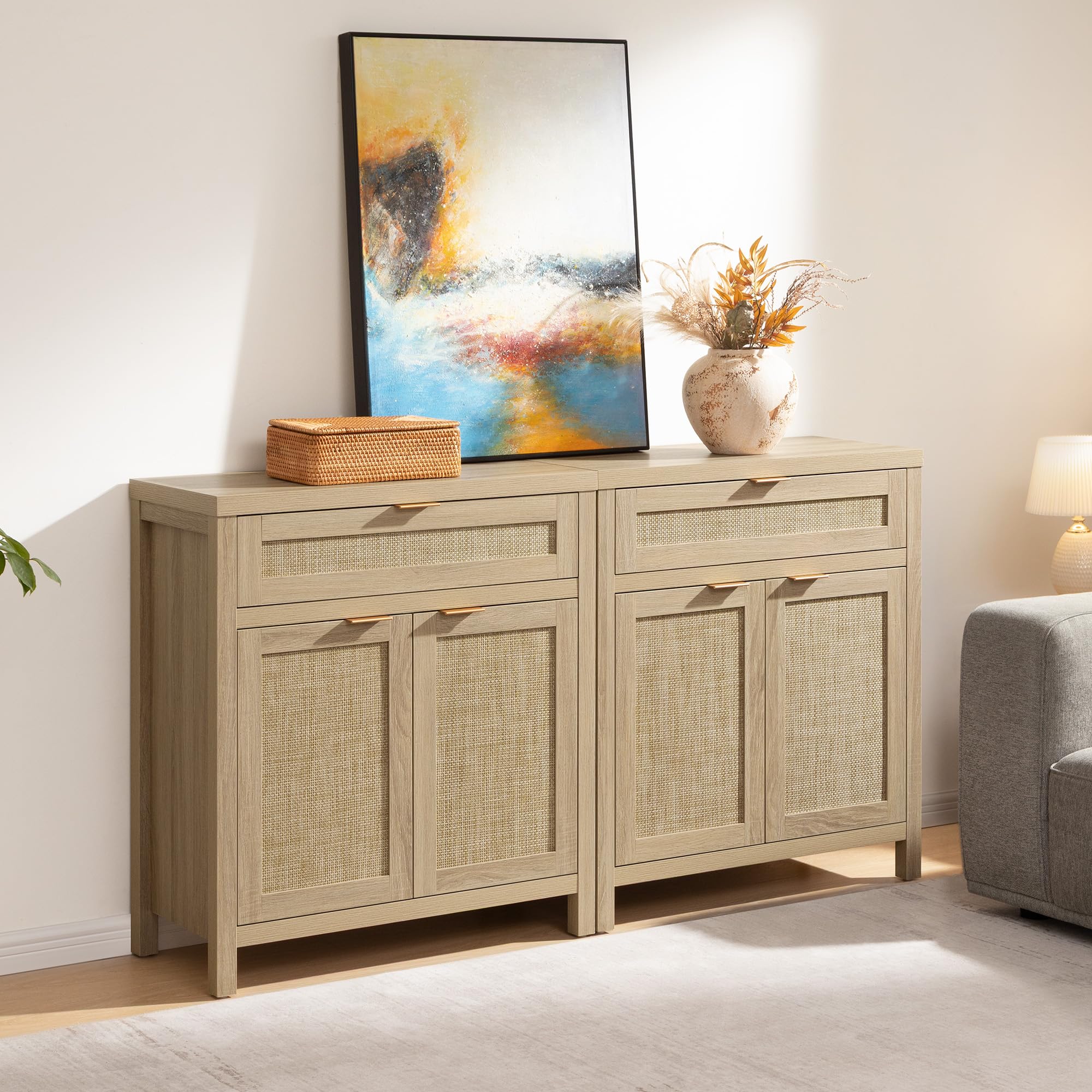 Sideboard Buffet Storage Cabinet Set of 2, Rattan Credenza Buffet Table, Boho Console Accent Cabinet with Doors and Drawer, Coffee Bar