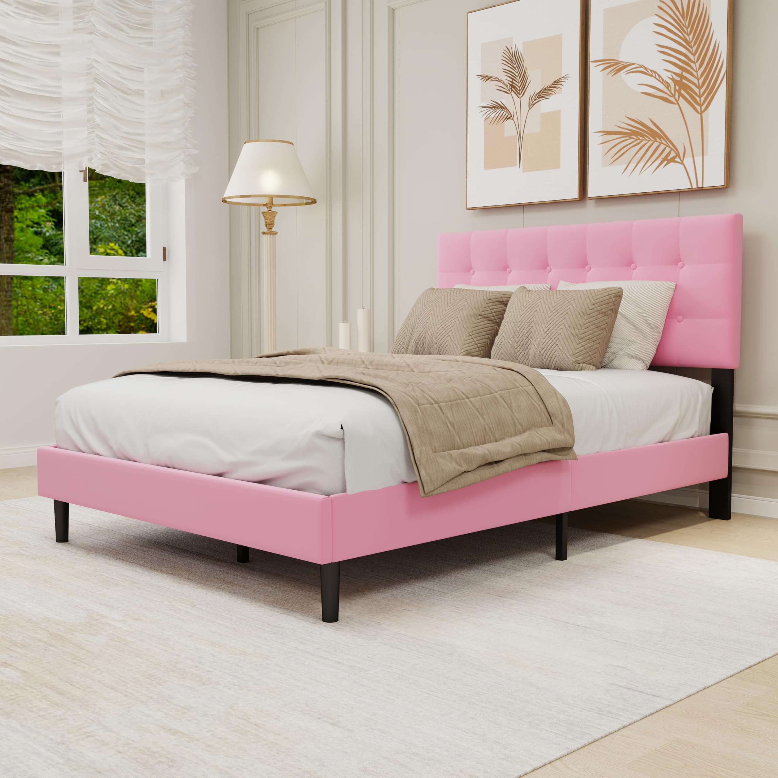 Upholstered Platform Bed Frame Full Size with Button Tufted Velvet Headboard Easy Assembly No Box Spring Needed Pink