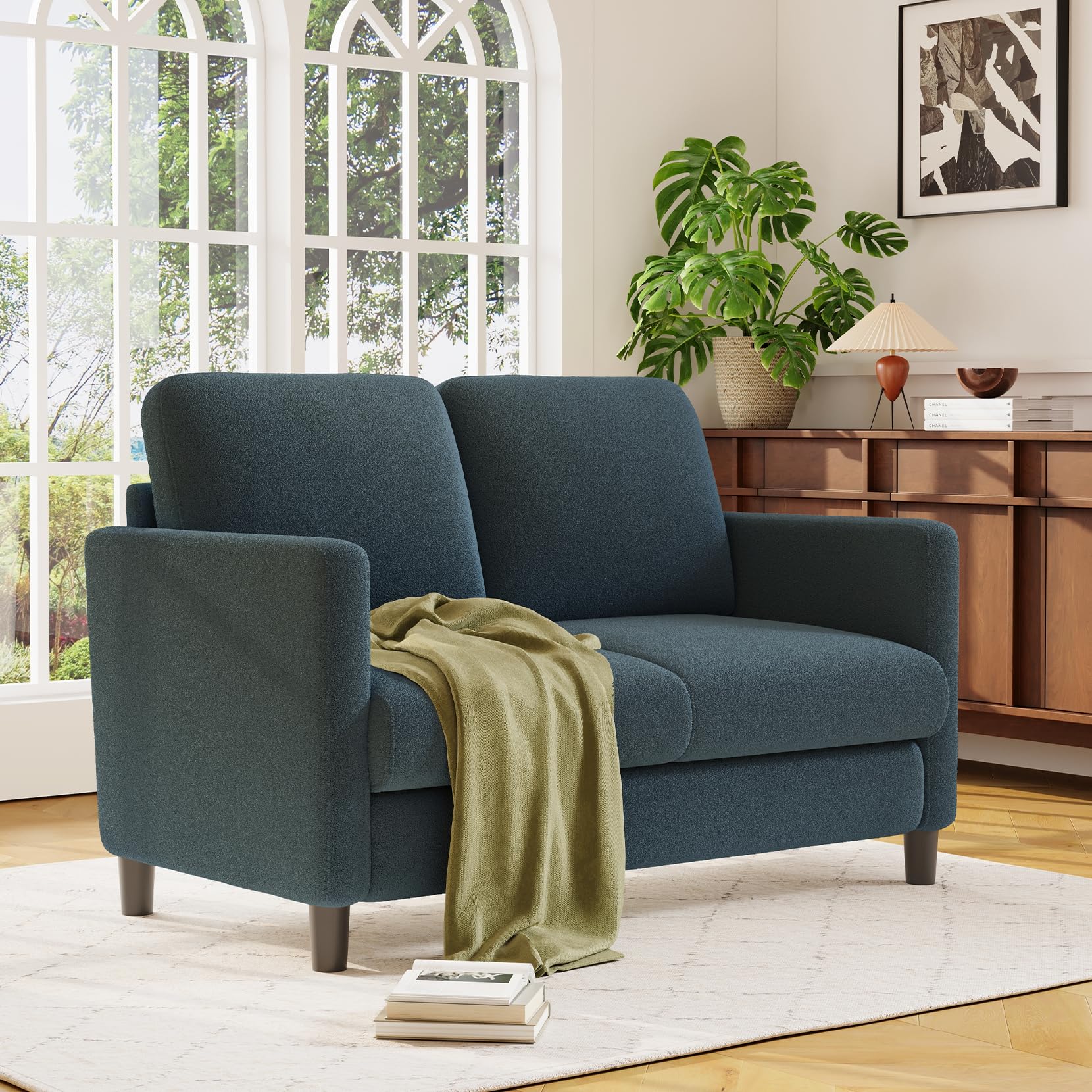 51" Loveseat Sofa, Comfy Teddy Fabric Small Couch for Bedroom & Living Room, Tool-Free Setup, All-Wood Frame, Blue Grey, No Pillow