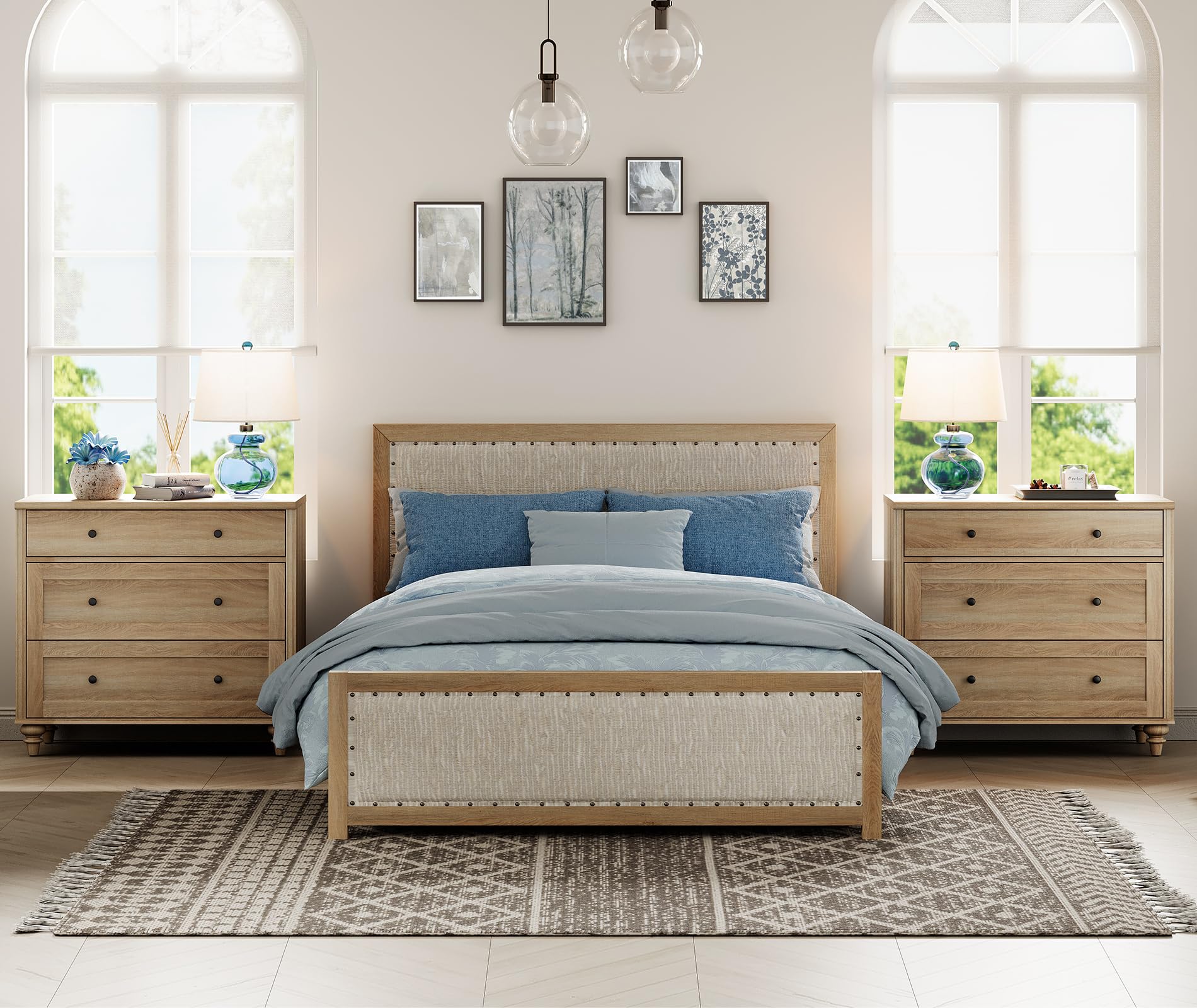 Set of 2 Farmhouse Nightstands, 34" Wide Oak Bedside Tables with 3 Drawers, Wood End Tables for Bedroom, Living Room, Sofa Side Storage