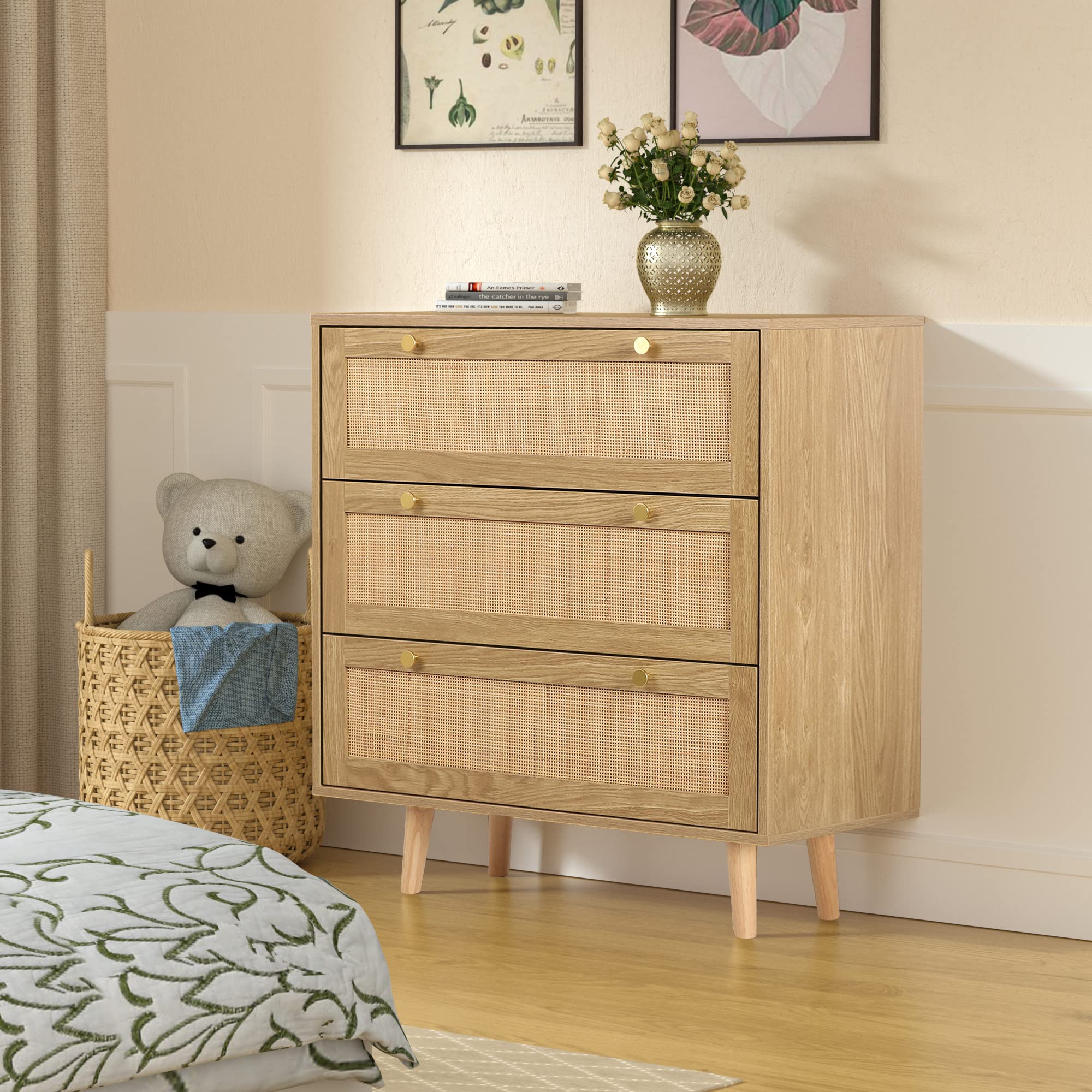 3 Drawer Dresser for Bedroom, Rattan Dresser Modern Wood Chest of Drawers with Spacious Storage for Bedroom Hallway Living Room, Rustic Oak, H0027