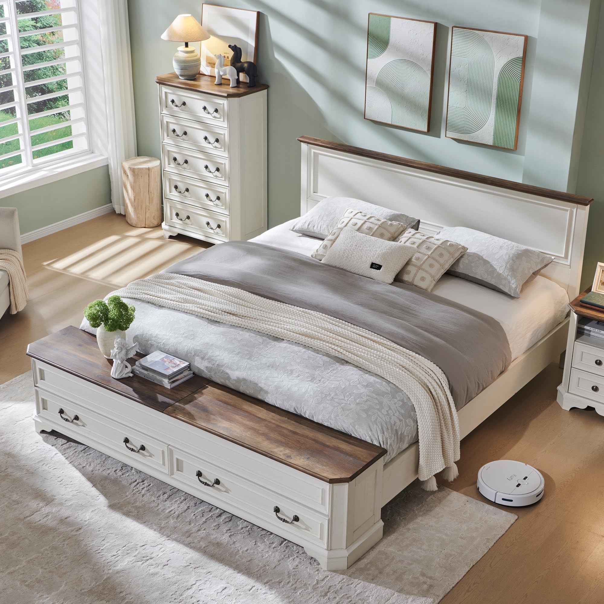 Farmhouse King Bed Frame with Headboard & 4-Drawer Storage Bench, Rustic Wood Platform Bed with 80" Chest, Antique White