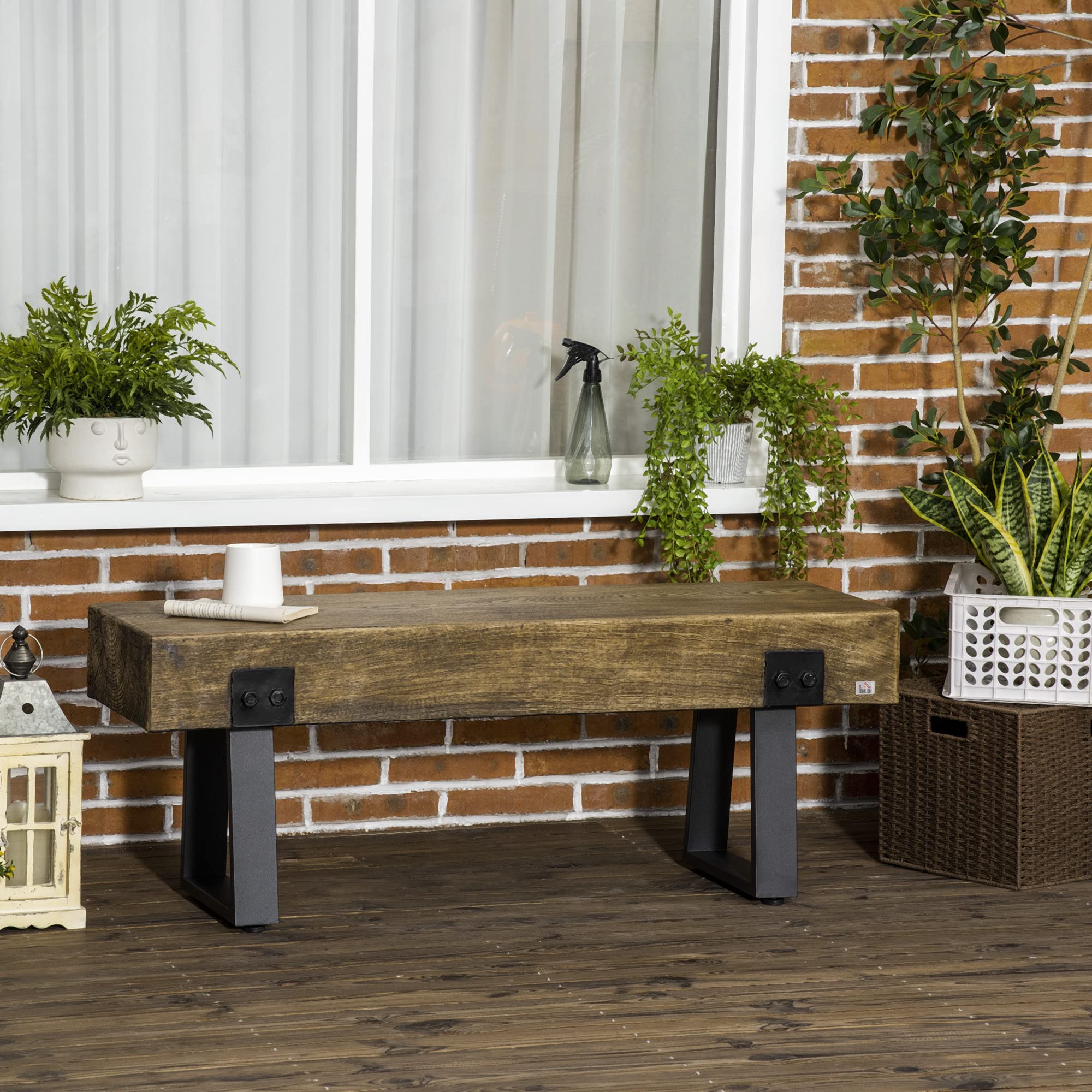 Garden Bench with Metal Legs, Rustic Wood-Effect Concrete Seat, Indoor/Outdoor Entryway Bench for Patio, Porch, Park, Natural & Black