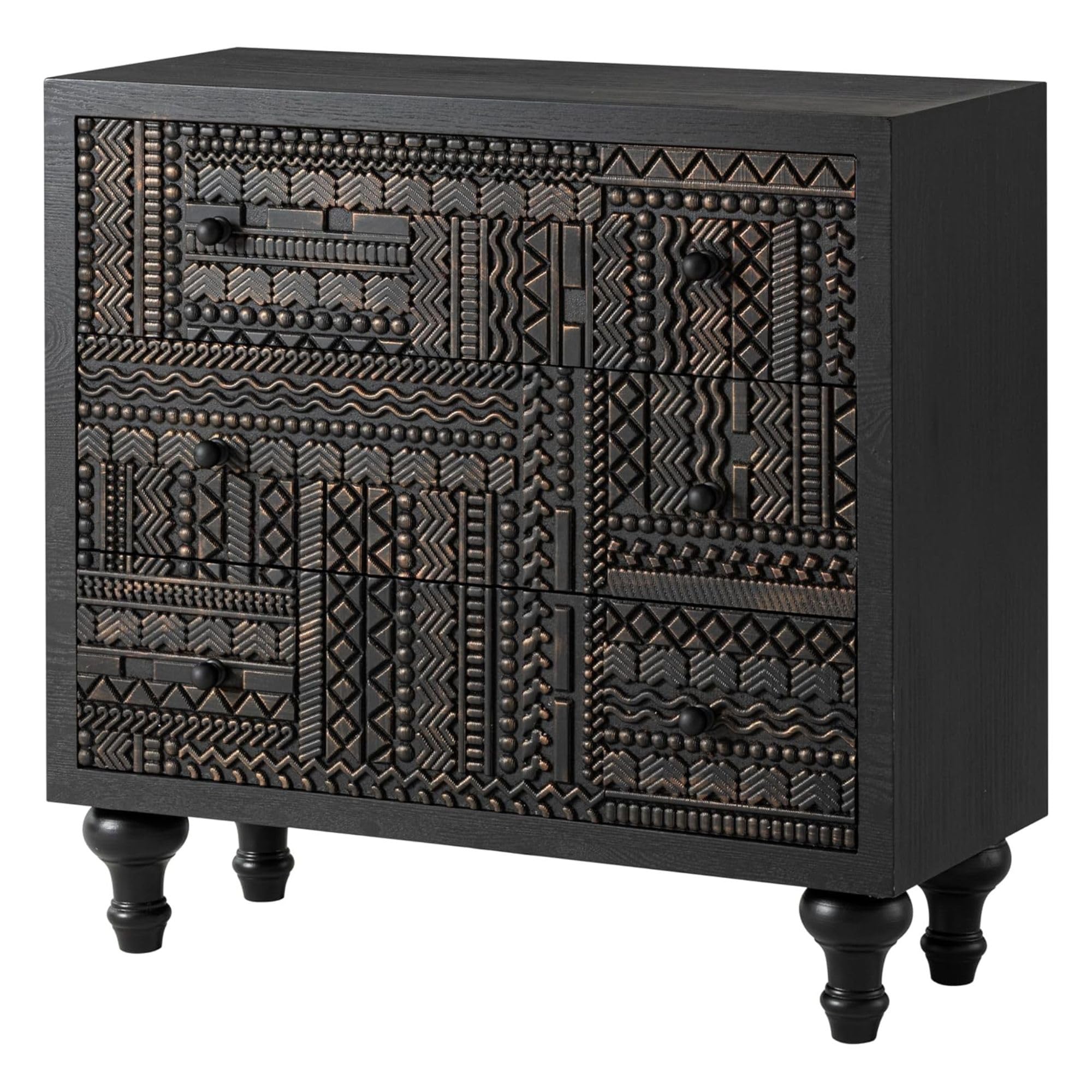 3-Drawer Farmhouse Dresser with Geometric Carved Design, Vintage Wood Storage Chest for Bedroom, Living Room, Boho Style, Black, Assembled