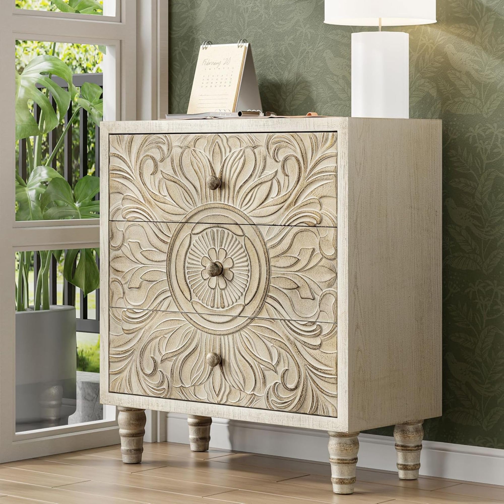 3 Drawer Dresser with Embossed Flower Motif Front, Distressed Boho Nightstand, Almost Fully Assembled, Rustic, French Country, Weathered White