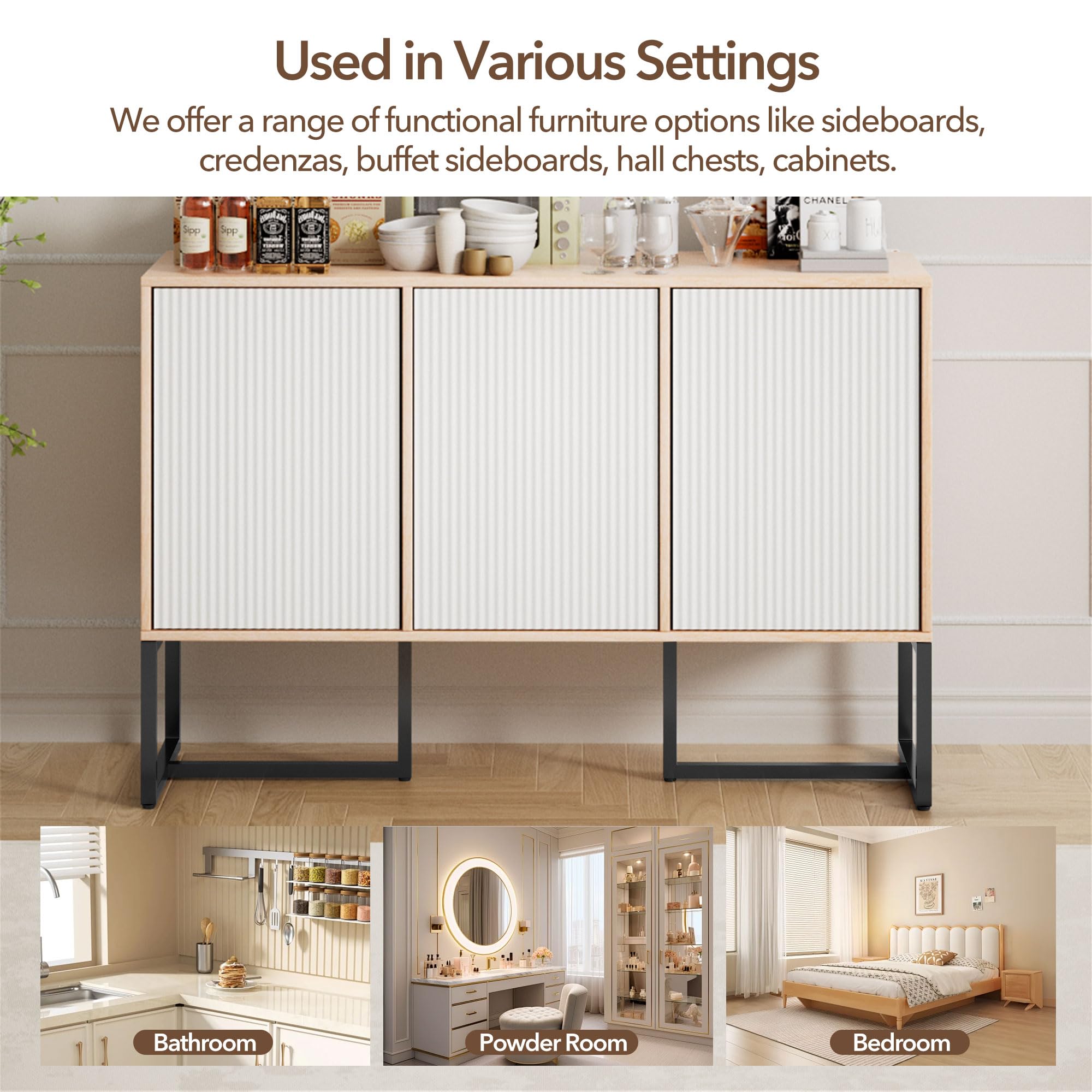 White Buffet Cabinet with Storage - 3-Door Coastal Modern Sideboard w/Sturdy Metal Legs, Convertible Coffee Bar & Multi-Room Organizer