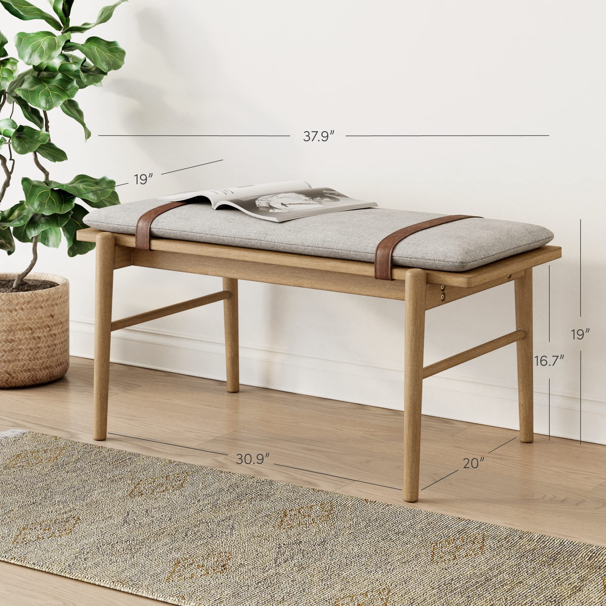 Gugan Mid-Century Wooden Bench Seat, End of Bed Bench with Removable Fabric Cushion for Indoor Dining Room, Bedroom and Entryway, Light Brown/Ivory