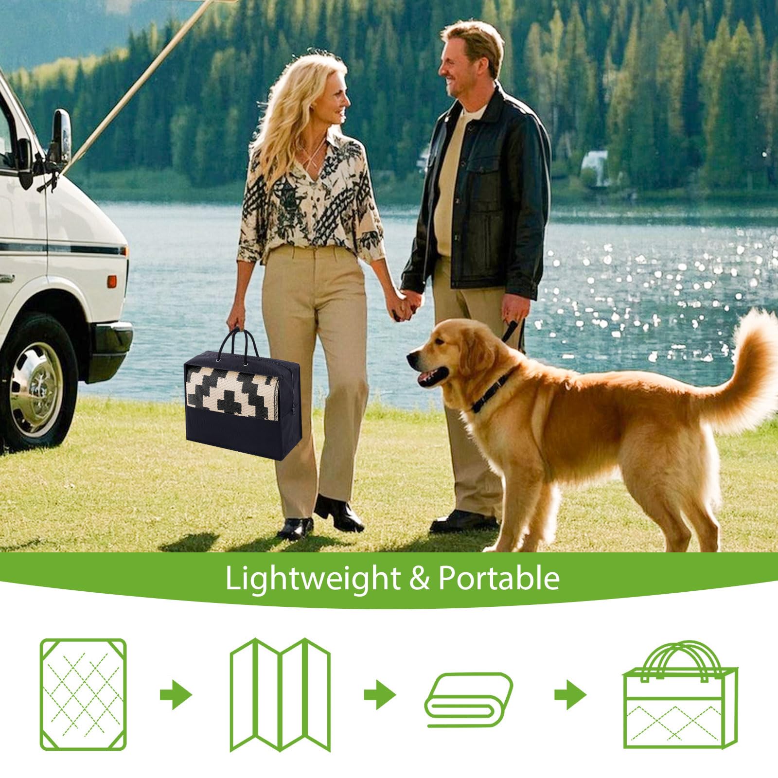 Waterproof Outdoor Rug 5x8 ft, Reversible Plastic Straw Patio Camping Mat, Indoor Outdoor RV Carpet for Backyard, Deck, Picnic, Black & Beige