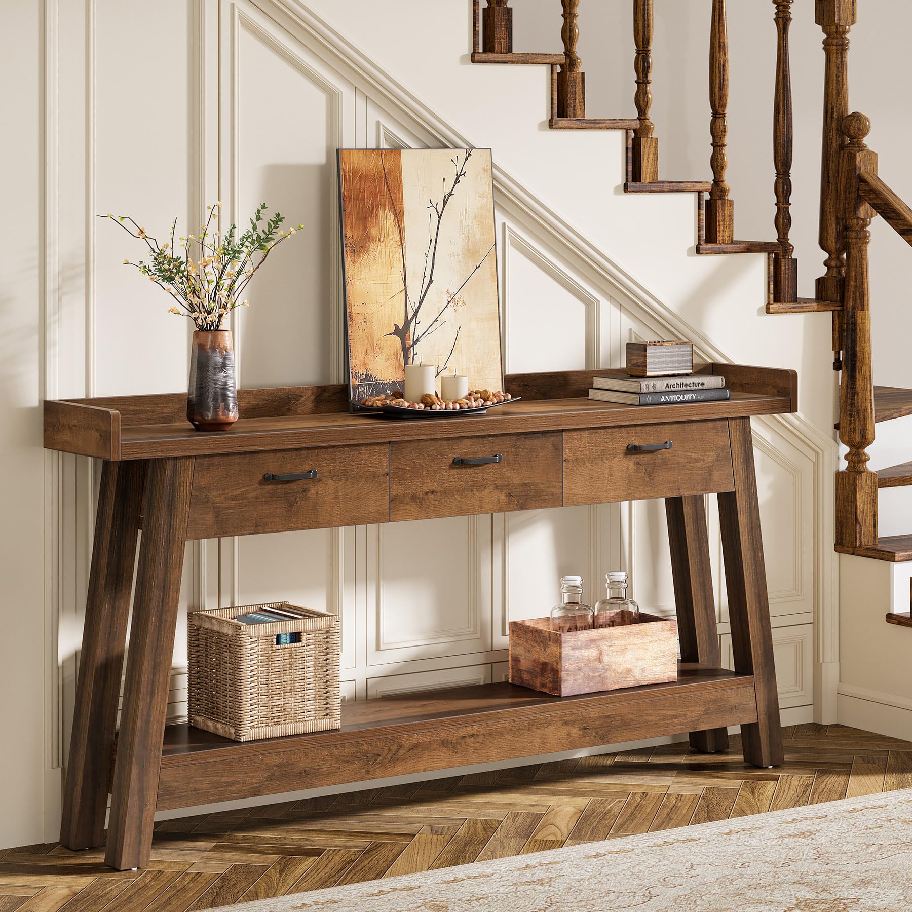 70.9" Farmhouse Sofa Console Table with 3 Drawers, 2-Tier Extra Long Entryway Table with Shelves & Baffle for Hallway, Living Room, Rustic Brown