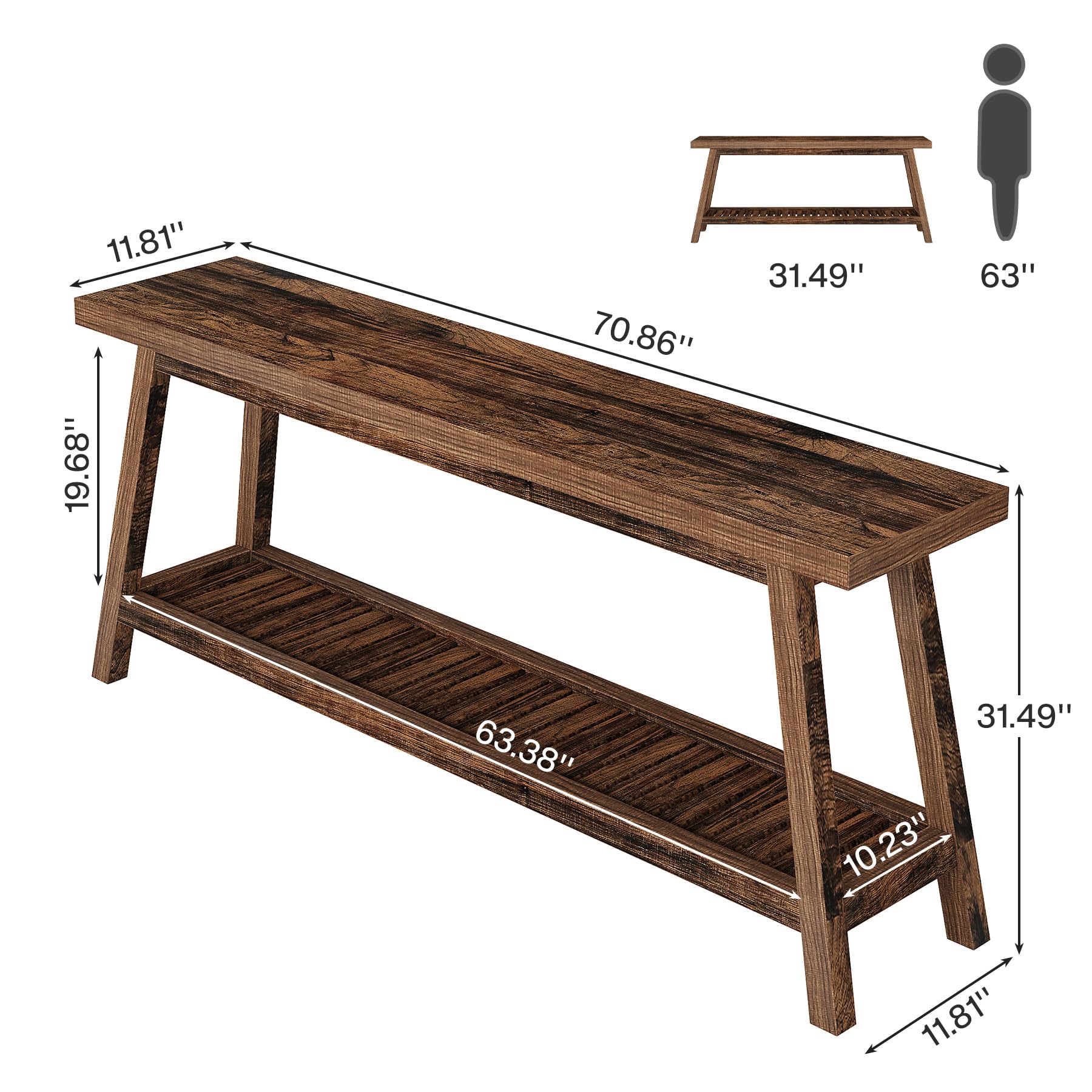 70.86-Inch Console Table for Entyrway, Farmhouse 2-Tier Entry Entrance Table, Narrow Long Sofa Table Behind Couch, Rustic Brown