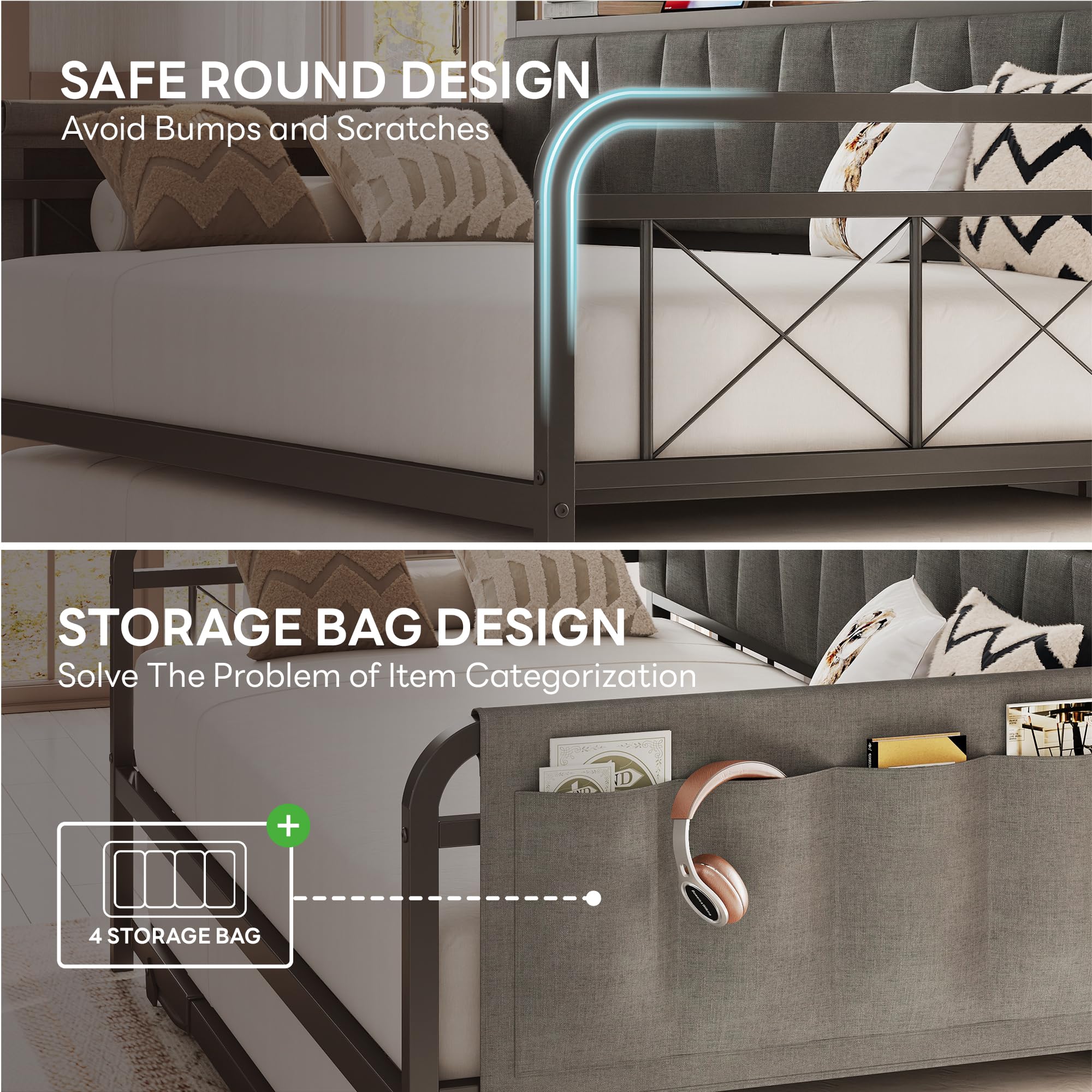 Twin Daybed with Trundle, Bed Frame with Storage Headboard & Charging Station, Sofa Bed for Bedroom, Guest Room, Grey