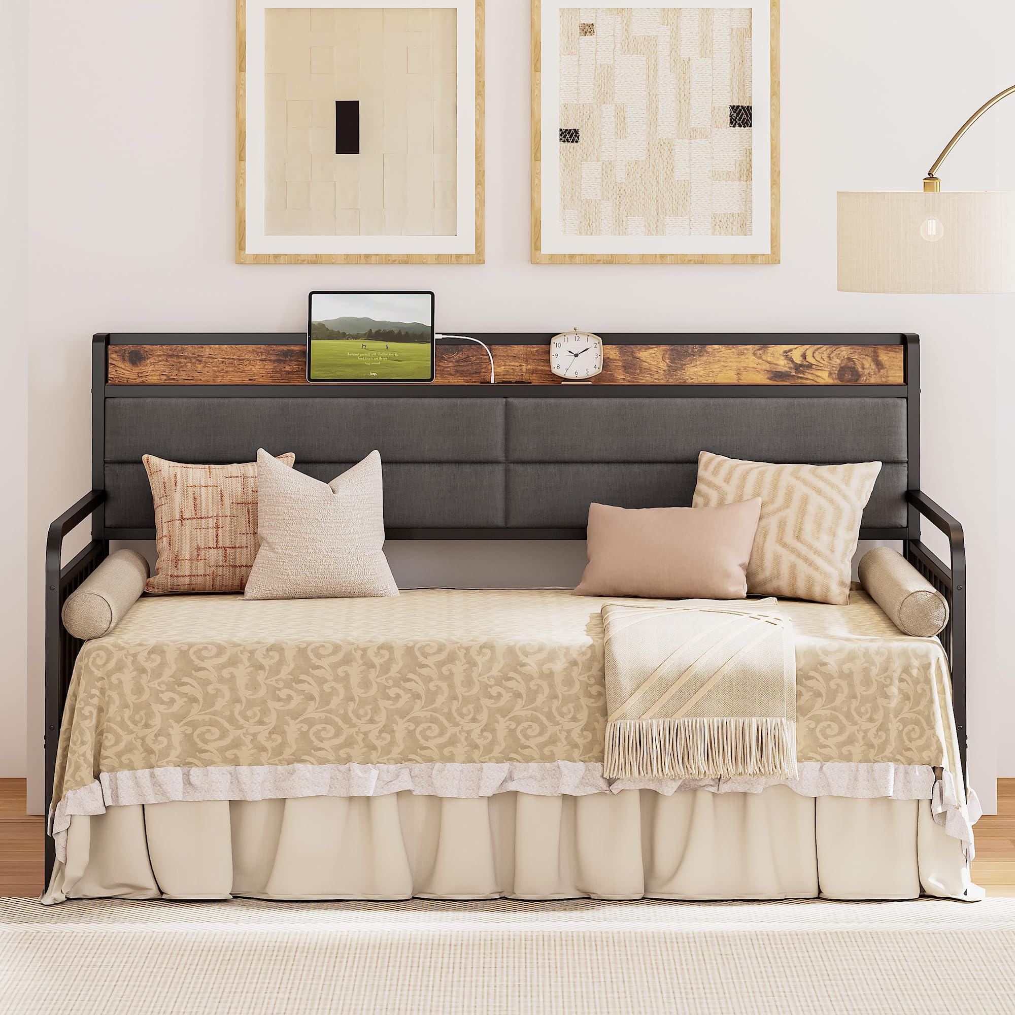 Twin XL Daybed with Trundle, Sturdy Metal Frame with Upholstered Headboard & Charging Station, Sofa Bed for Bedroom, Guest Room, Black