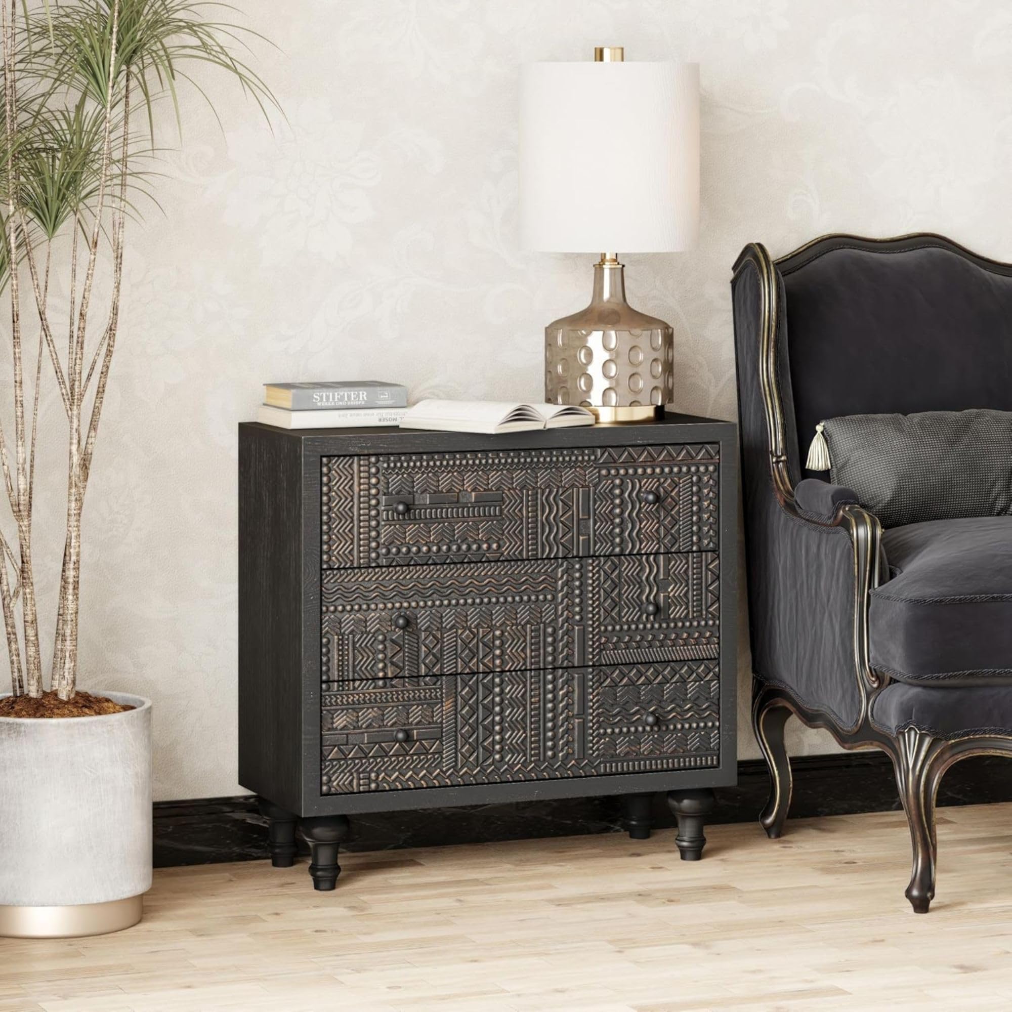 3-Drawer Farmhouse Dresser with Geometric Carved Design, Vintage Wood Storage Chest for Bedroom, Living Room, Boho Style, Black, Assembled