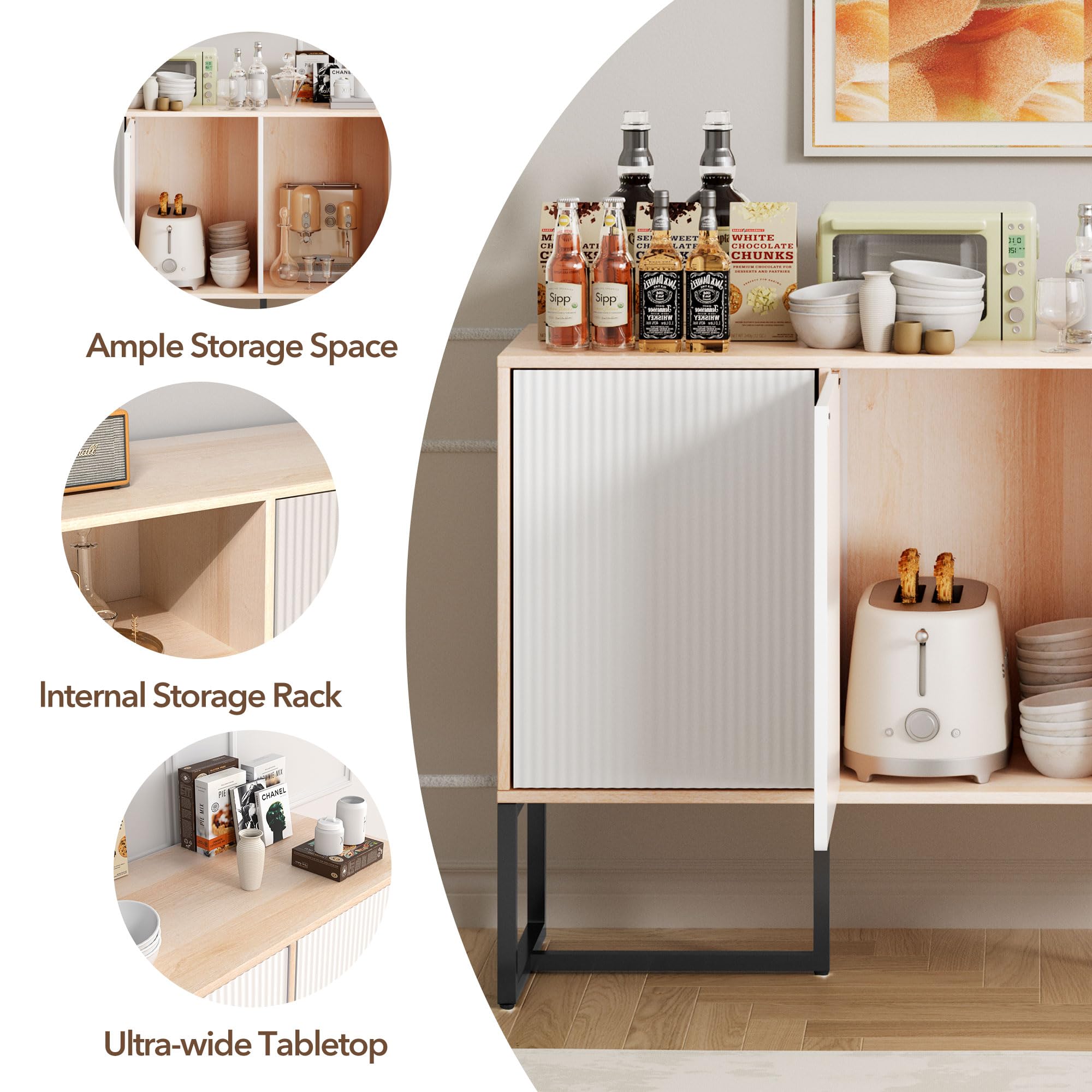 White Buffet Cabinet with Storage - 3-Door Coastal Modern Sideboard w/Sturdy Metal Legs, Convertible Coffee Bar & Multi-Room Organizer