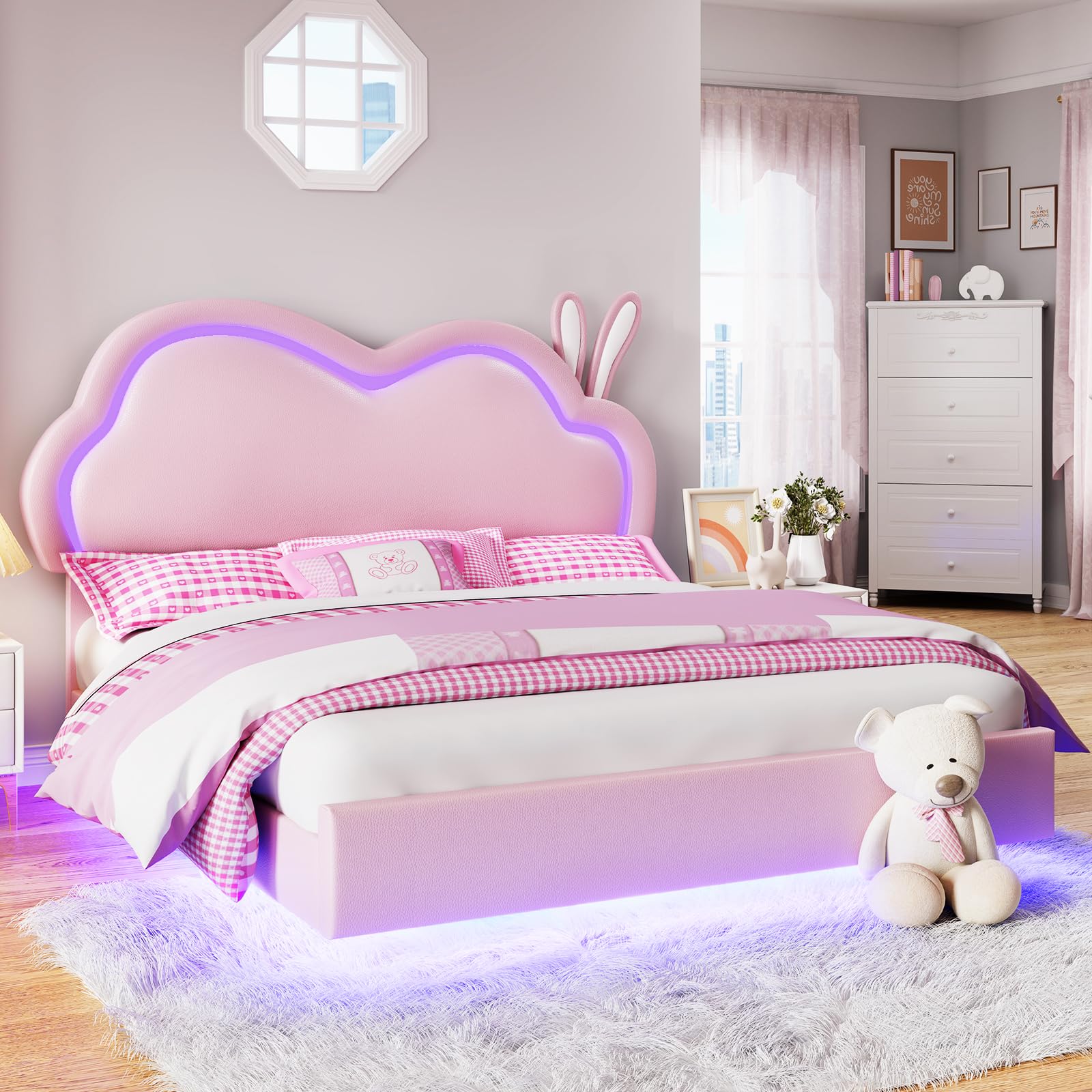 LED Full Bed Frame for Girls Upholstered Floating Bed with Cute Cloud Headboard, No Box Spring Needed, Leather, Pink