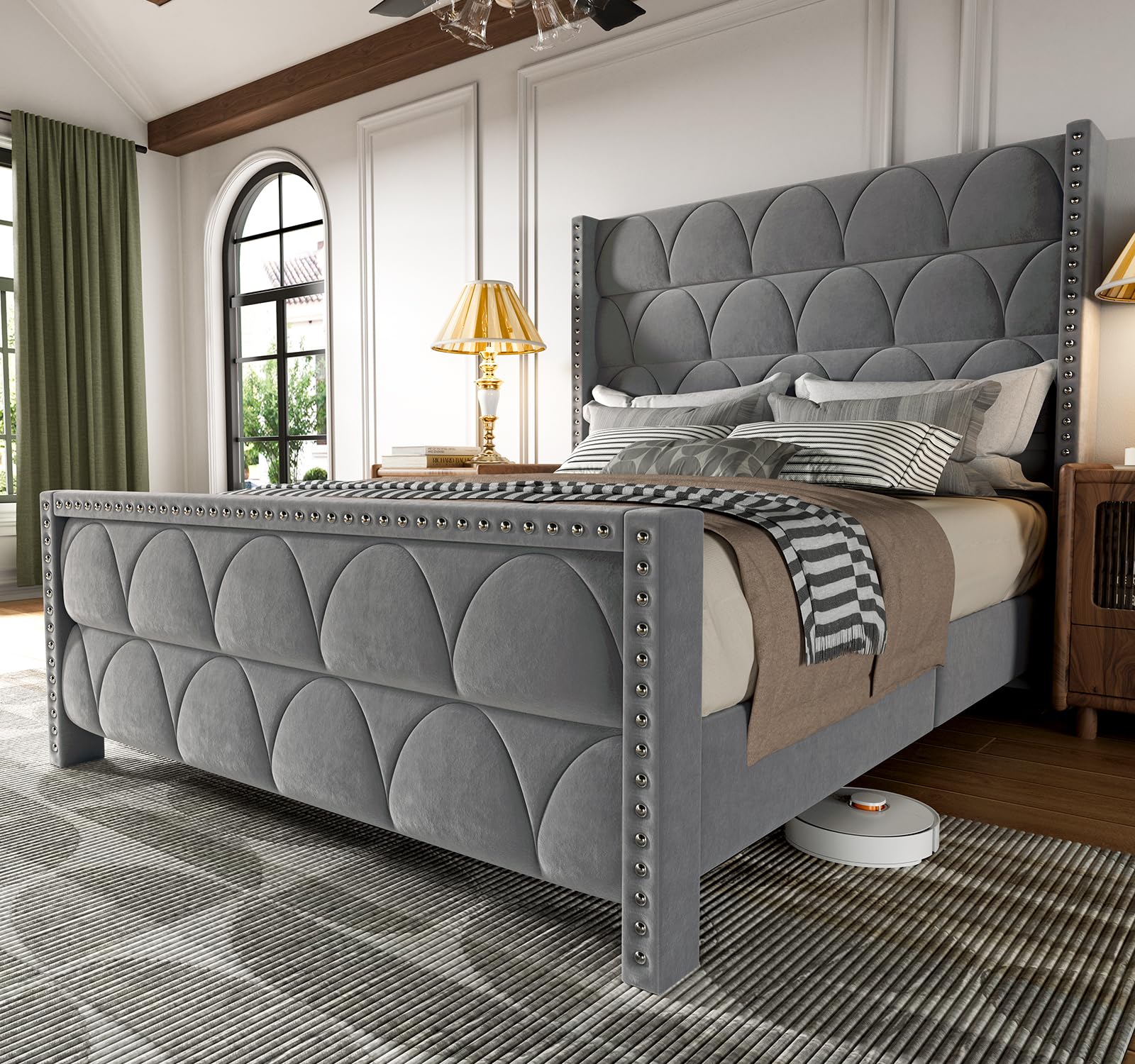 Queen Size Bed Frame with 56" Headboard - 1000LBS Capacity Support, Velvet Upholstered Wingback , Noise Free, Sturdy Wooden Slat Support