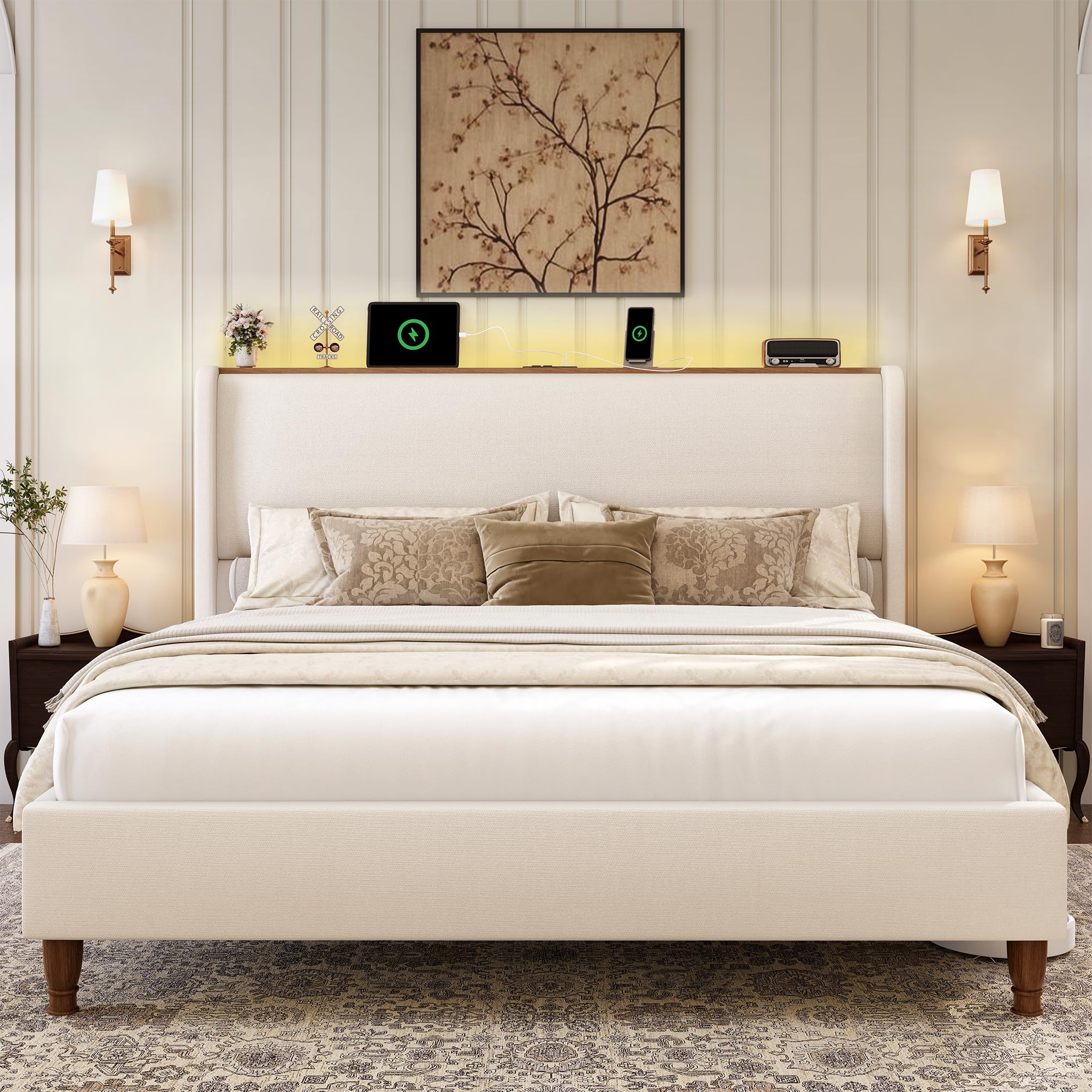 King Size Bed Frame with LED Lights and Charging Station Linen Upholstered  with 51.2" Tall Wingback Headboard and Storage Shelf, , , Beige