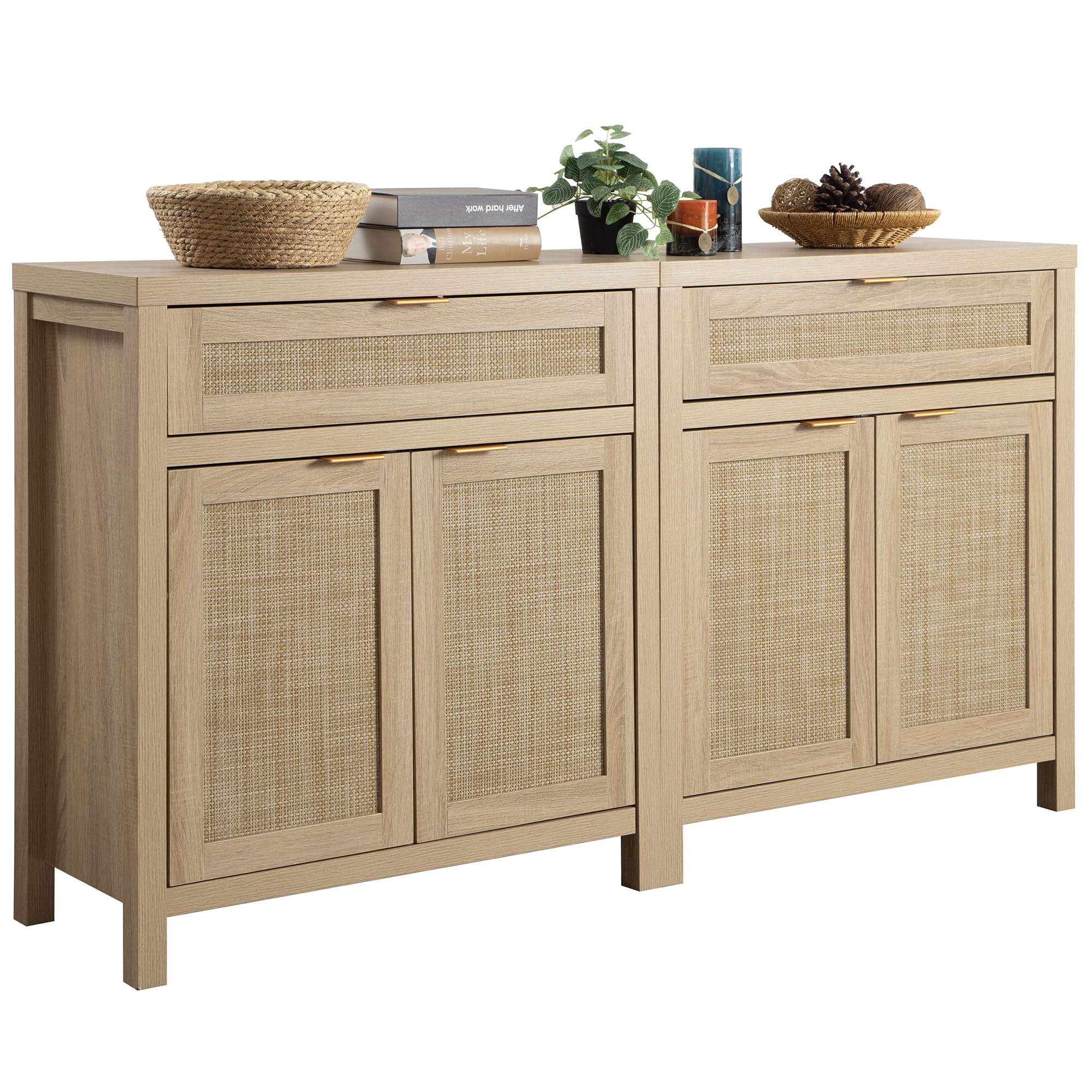 Sideboard Buffet Storage Cabinet Set of 2, Rattan Credenza Buffet Table, Boho Console Accent Cabinet with Doors and Drawer, Coffee Bar
