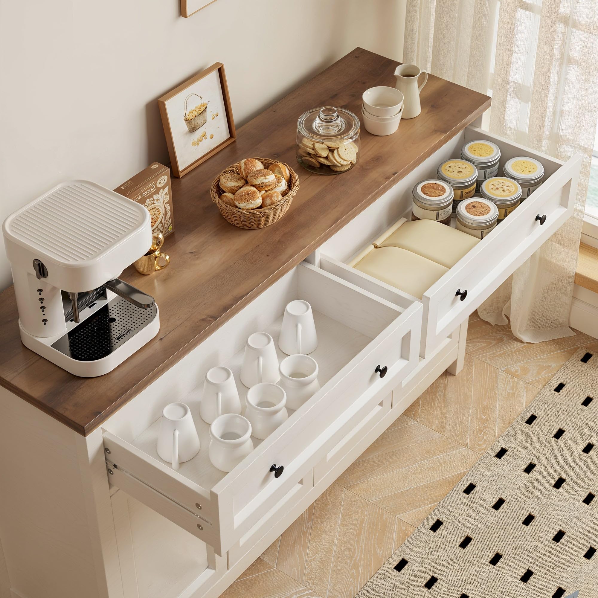 Farmhouse Kitchen Sideboard Buffet Cabinet with Storage, Wood Coffee Bar and Storage Sideboard with Drawers and Doors for Kitchen, Dining
